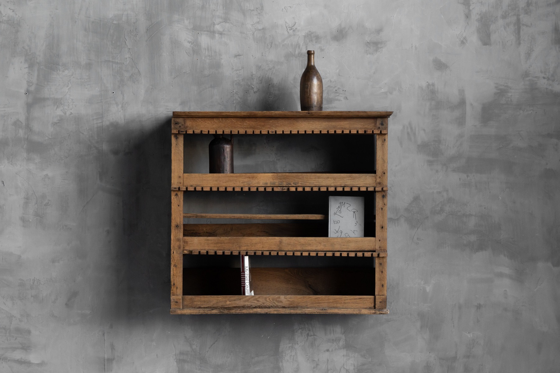 Vernacular art populaire wall mounted shelf in solid wood