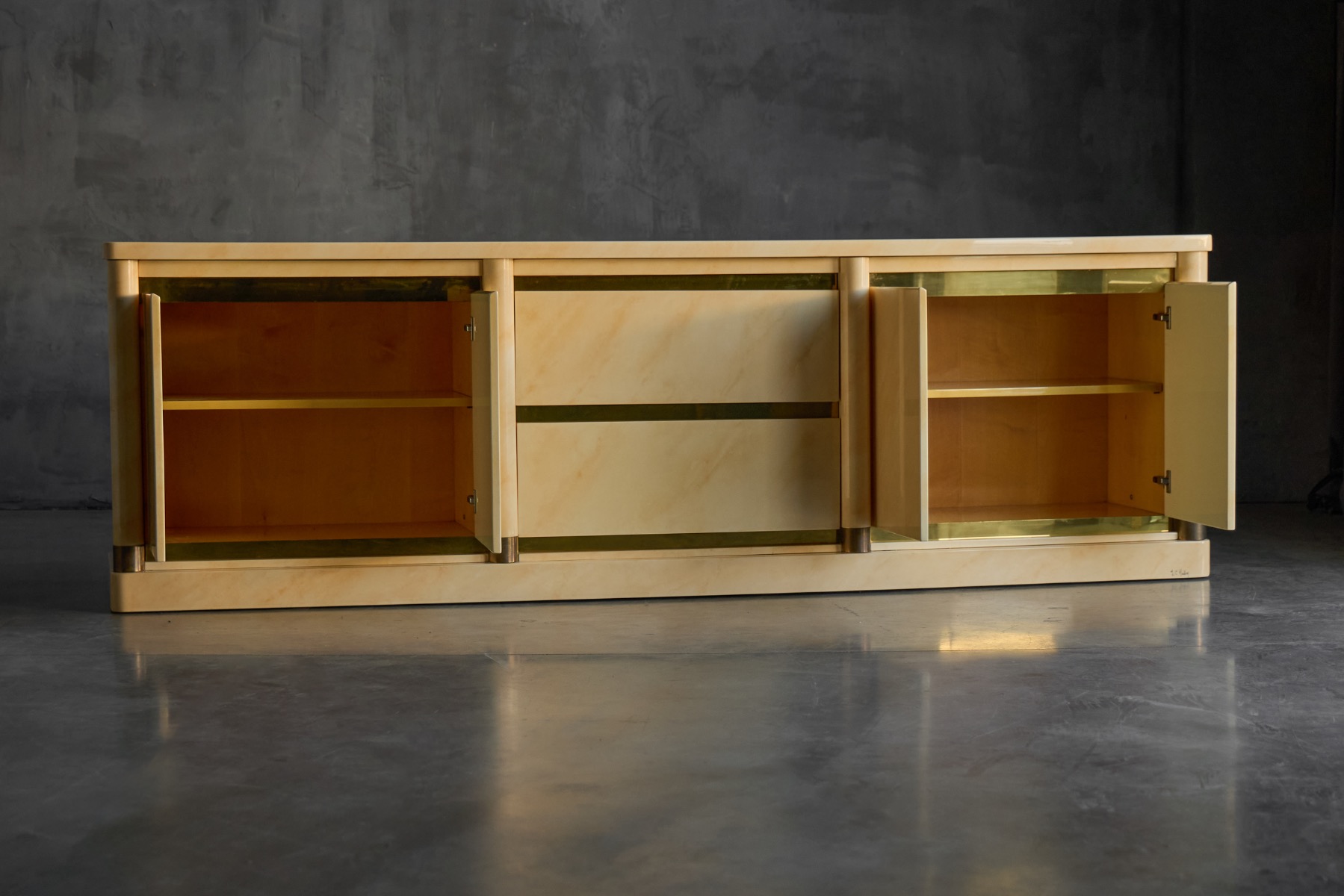 Faux marble lacquered sideboard reflecting Jean Claude Mahey modernism