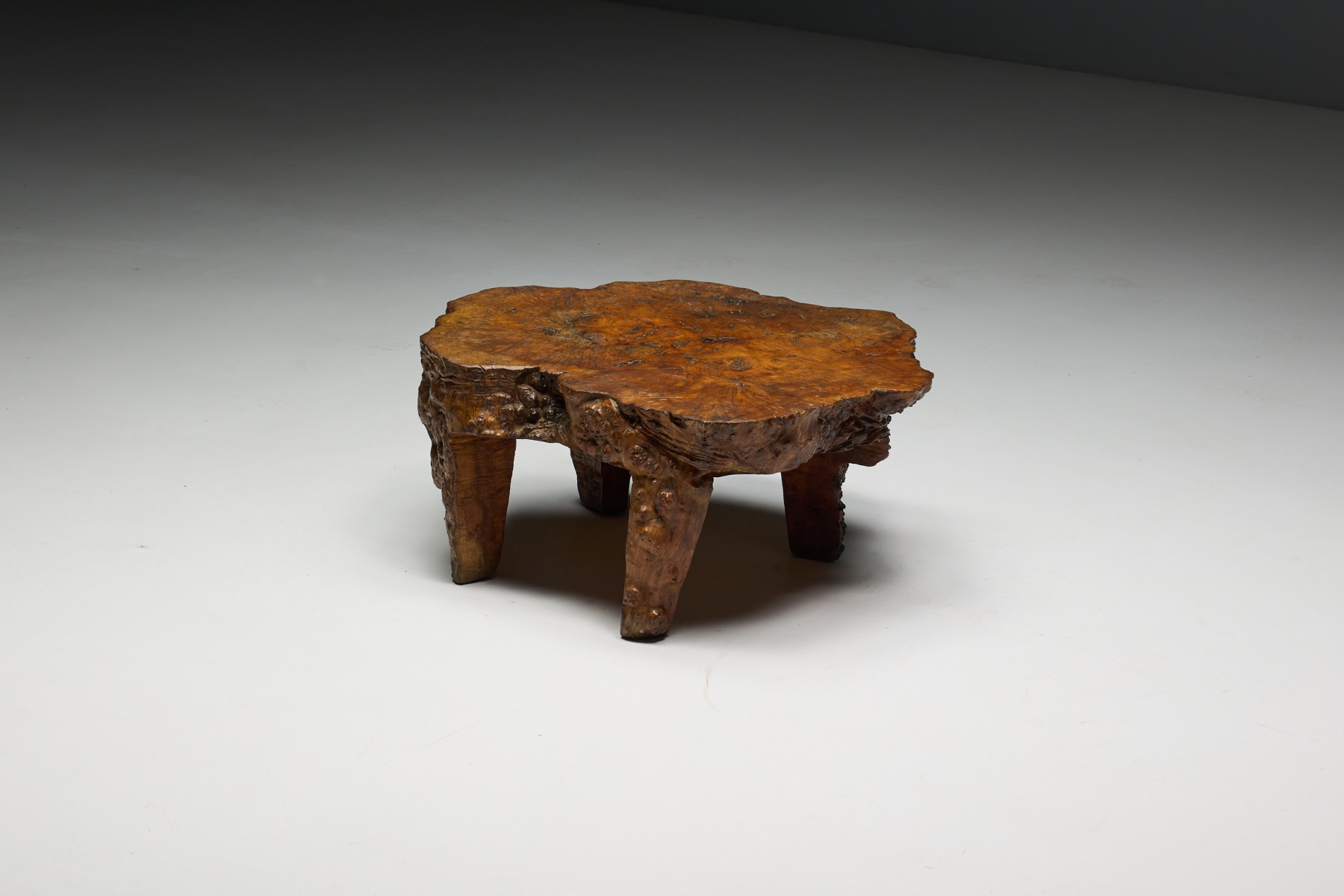 Burl wood coffee table in brutalist design from the 1950s