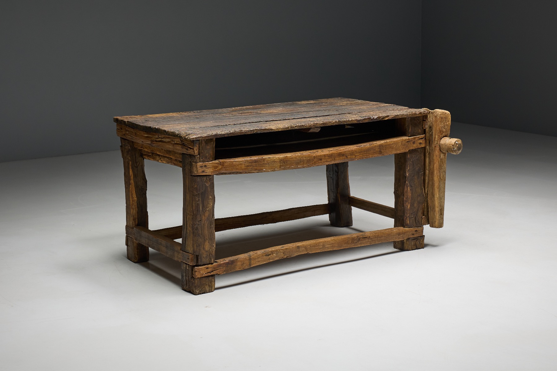 Aged solid wood workbench 19th century