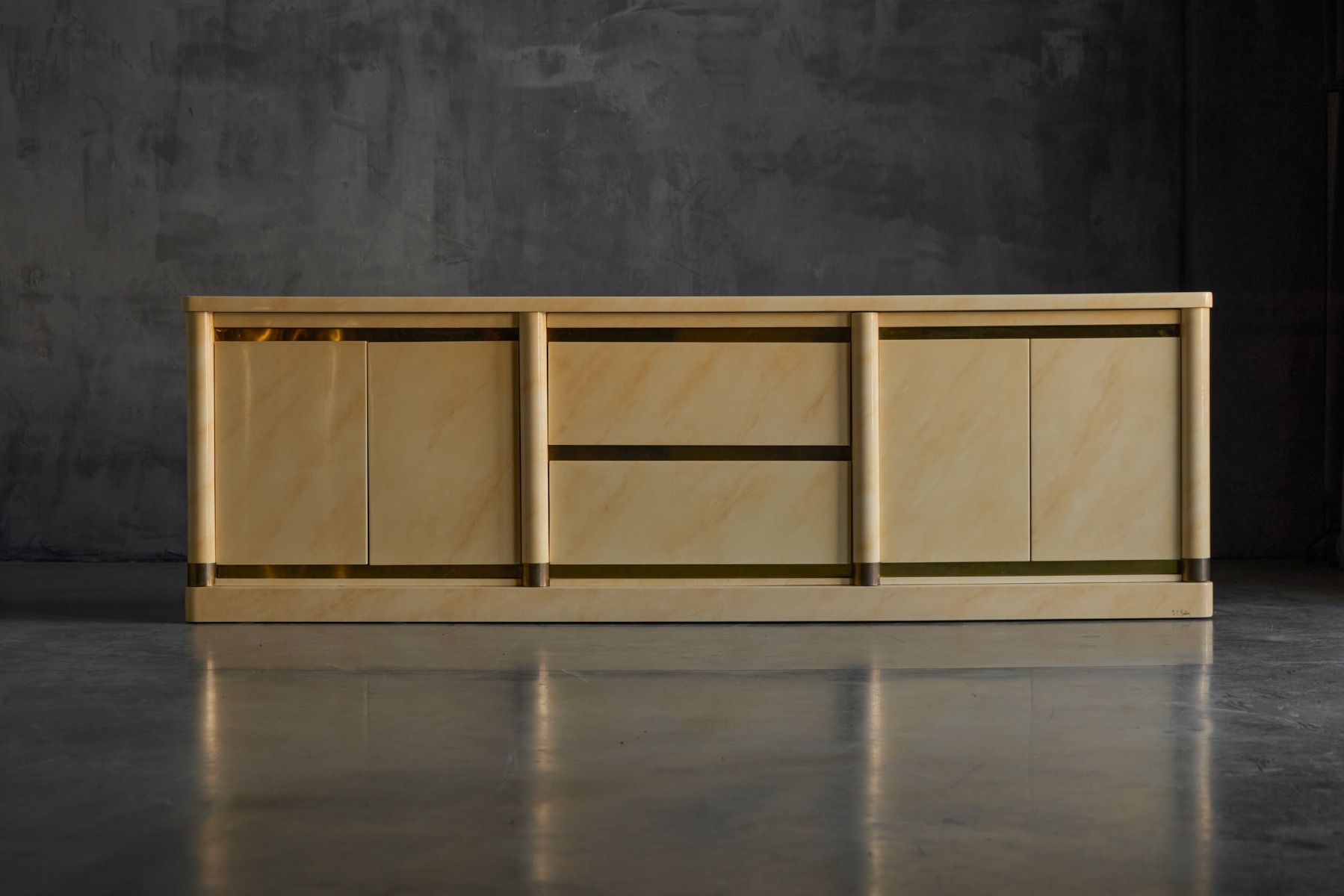 Architectural faux marble sideboard with glossy lacquer surface