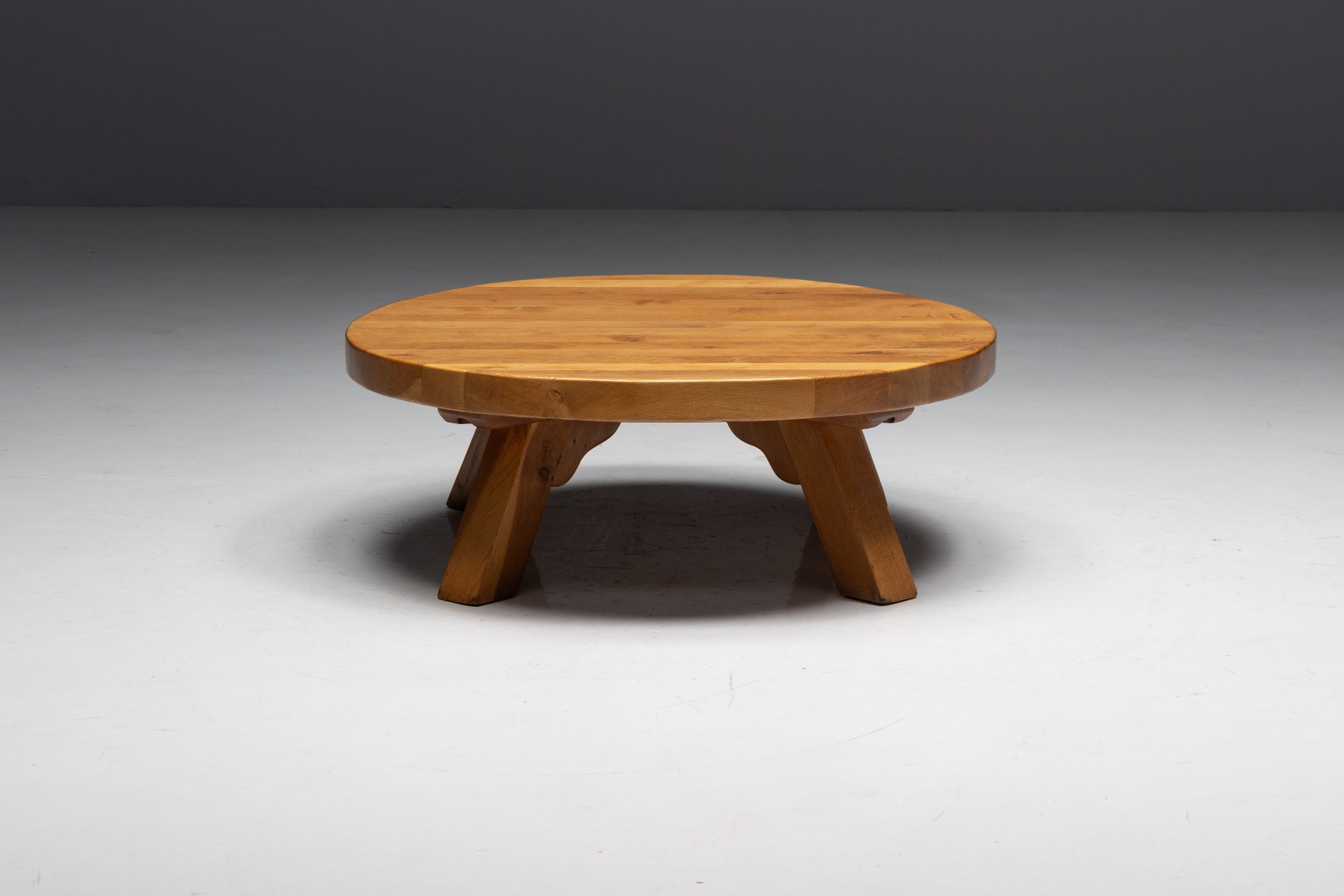 Architectural round coffee table with brutalist oak construction