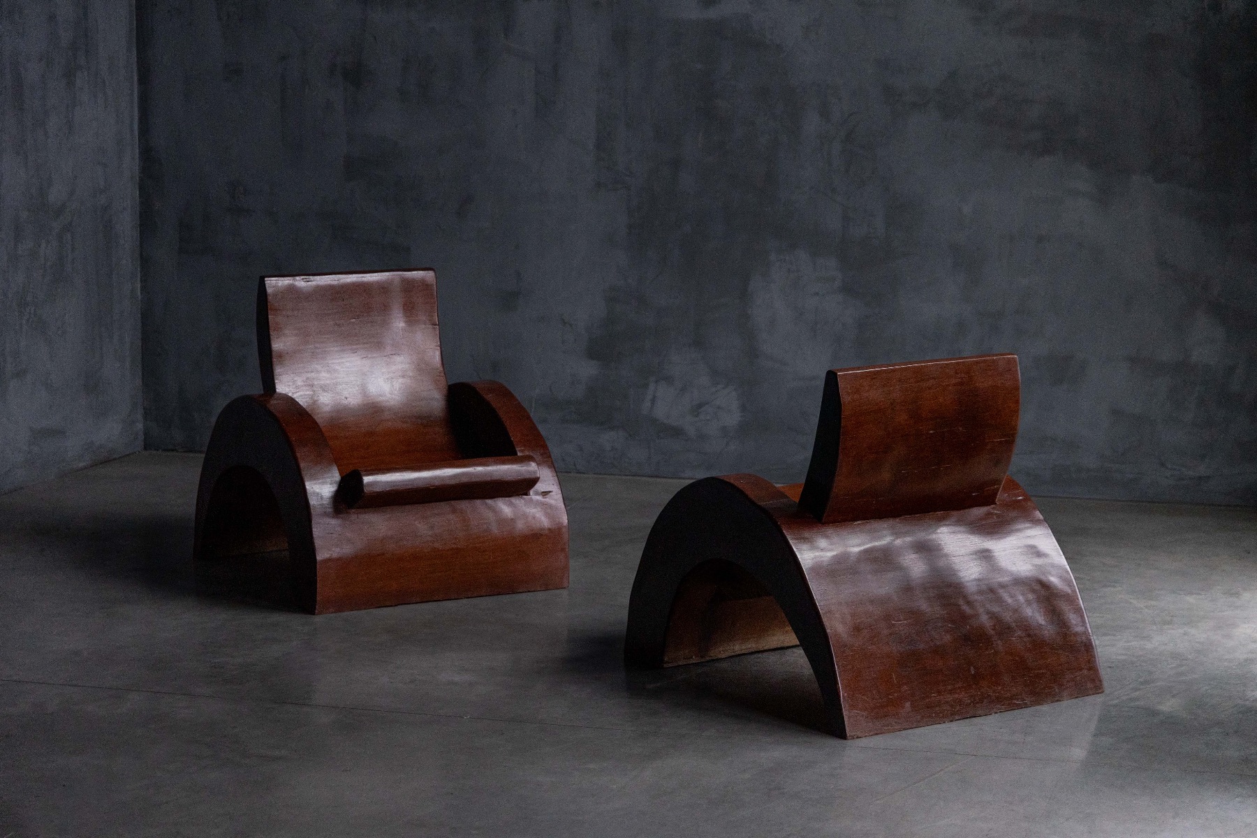 Brutalist inspired Brazilian wooden armchairs