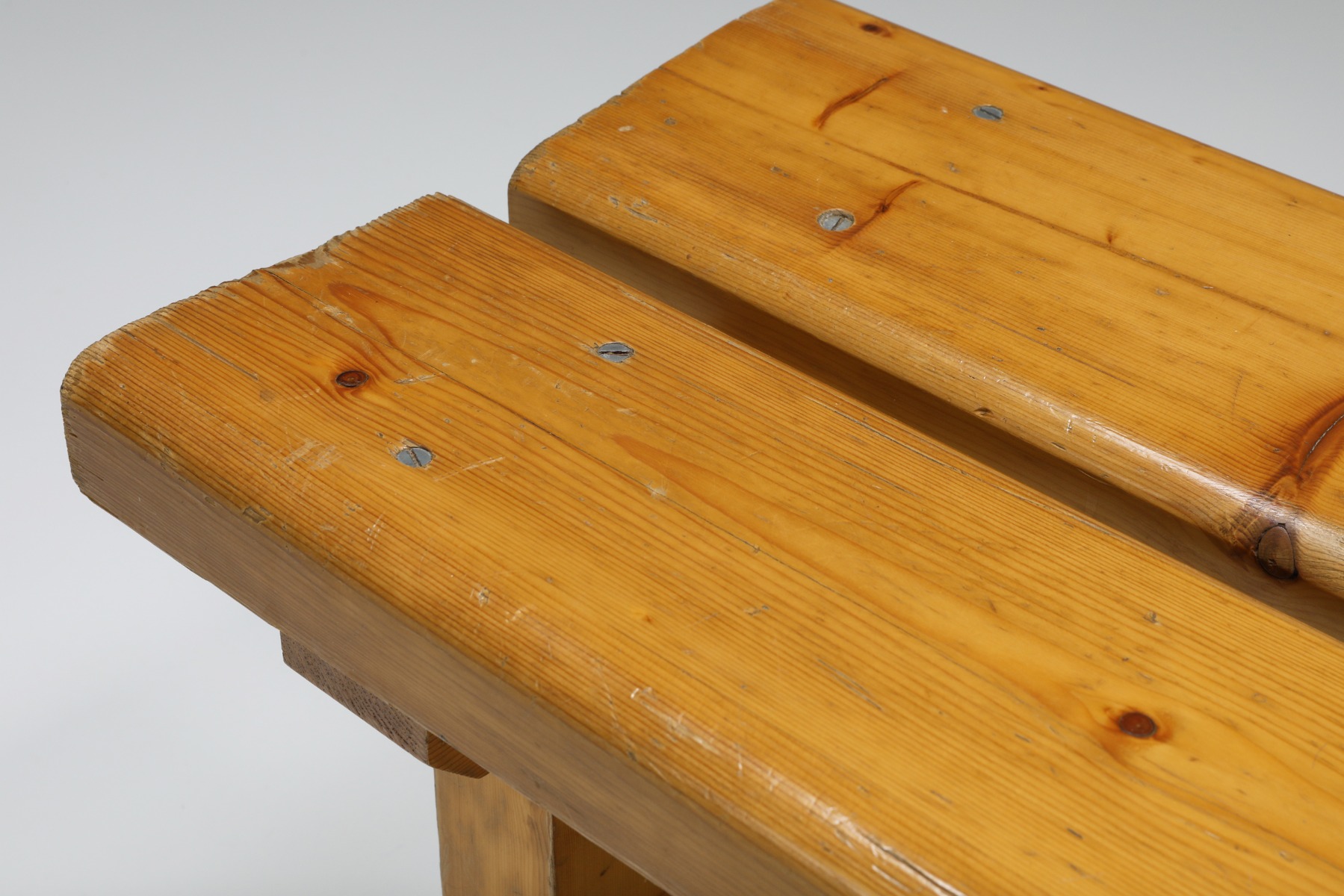 Collectible Les Arcs pine bench by Charlotte Perriand