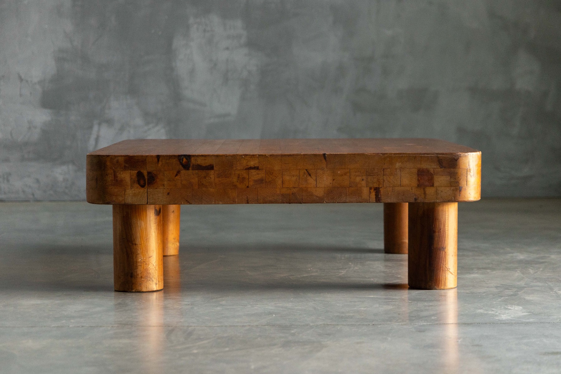 Mid century brutalist pine coffee table with heavy proportions