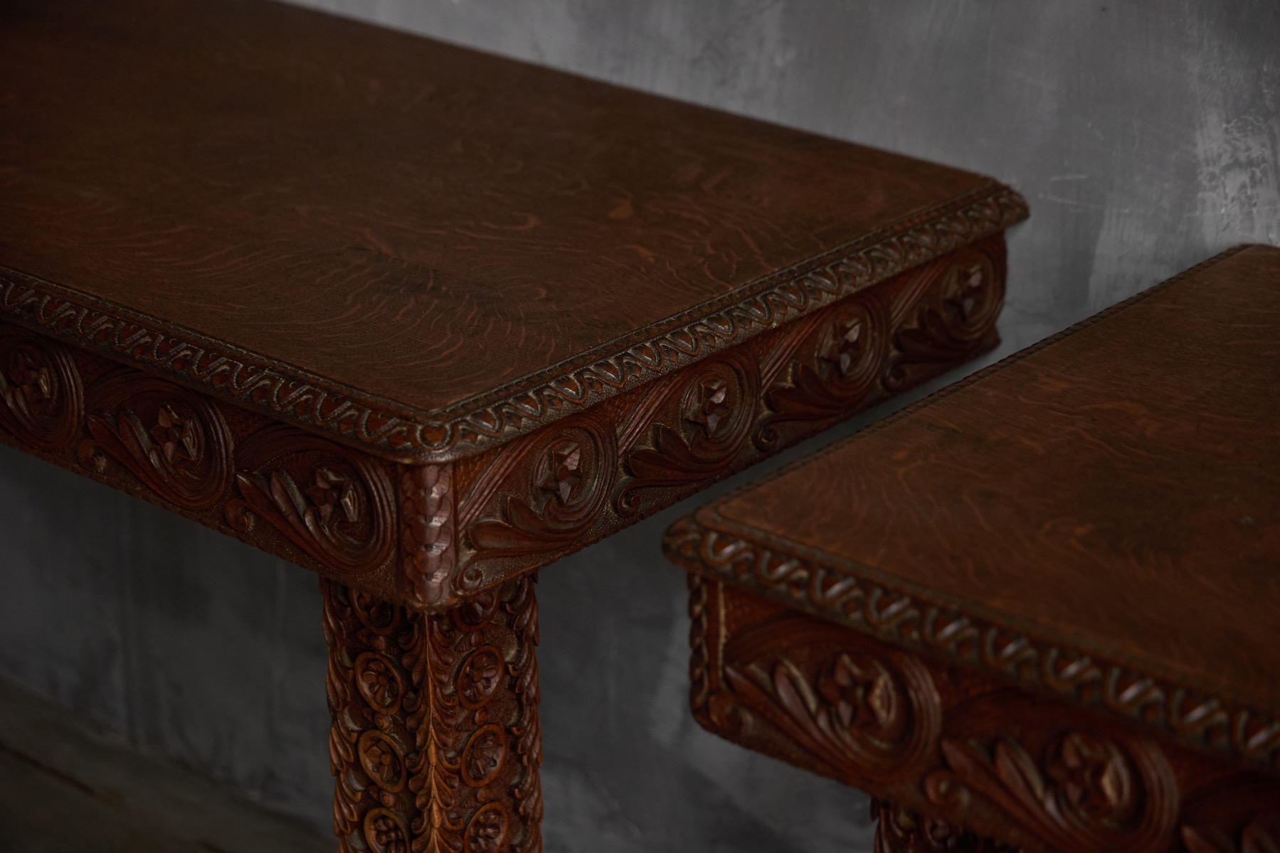 Richly carved antique wood console table from the 19th century