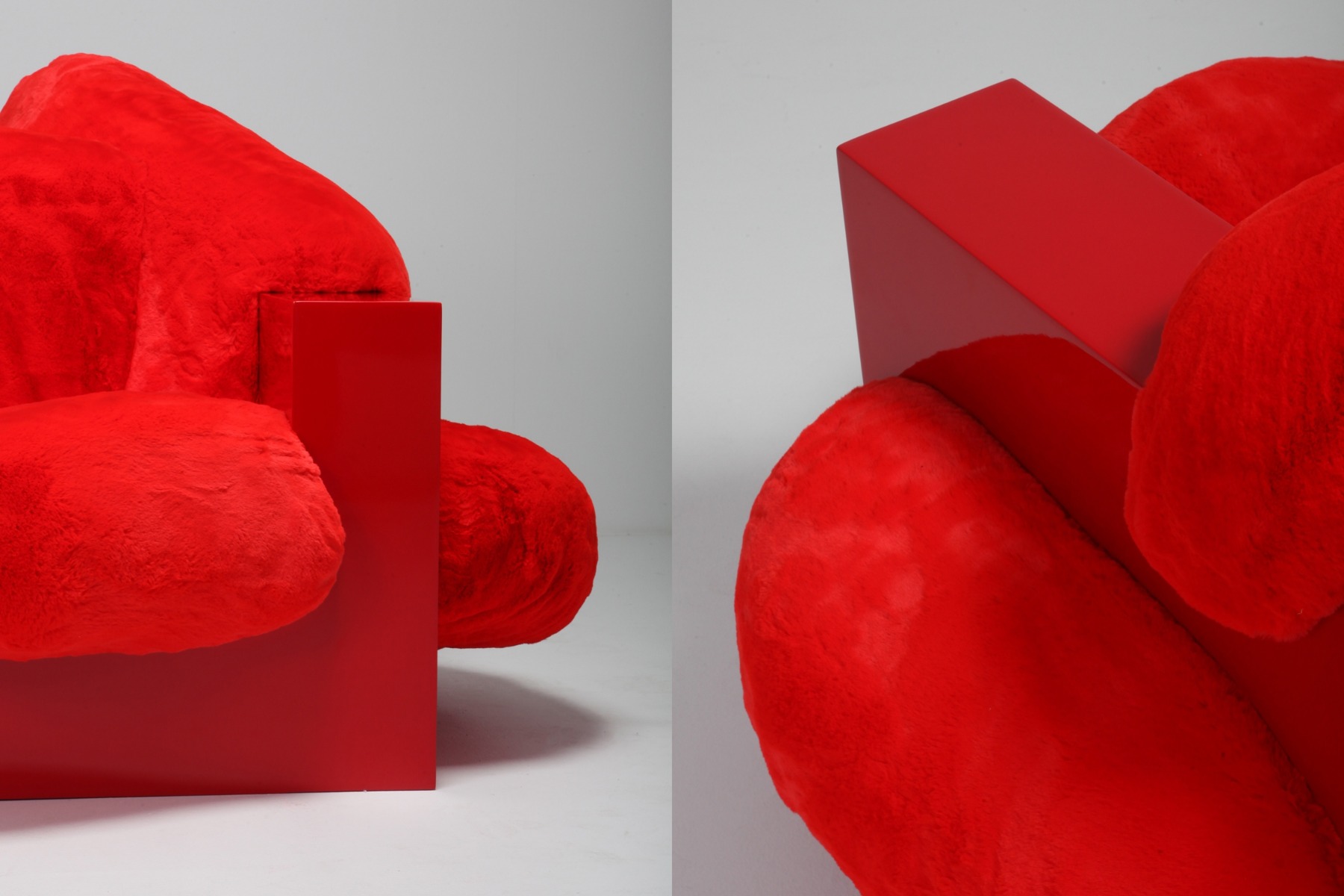 Sculptural lounge chair in red lacquer and faux fur