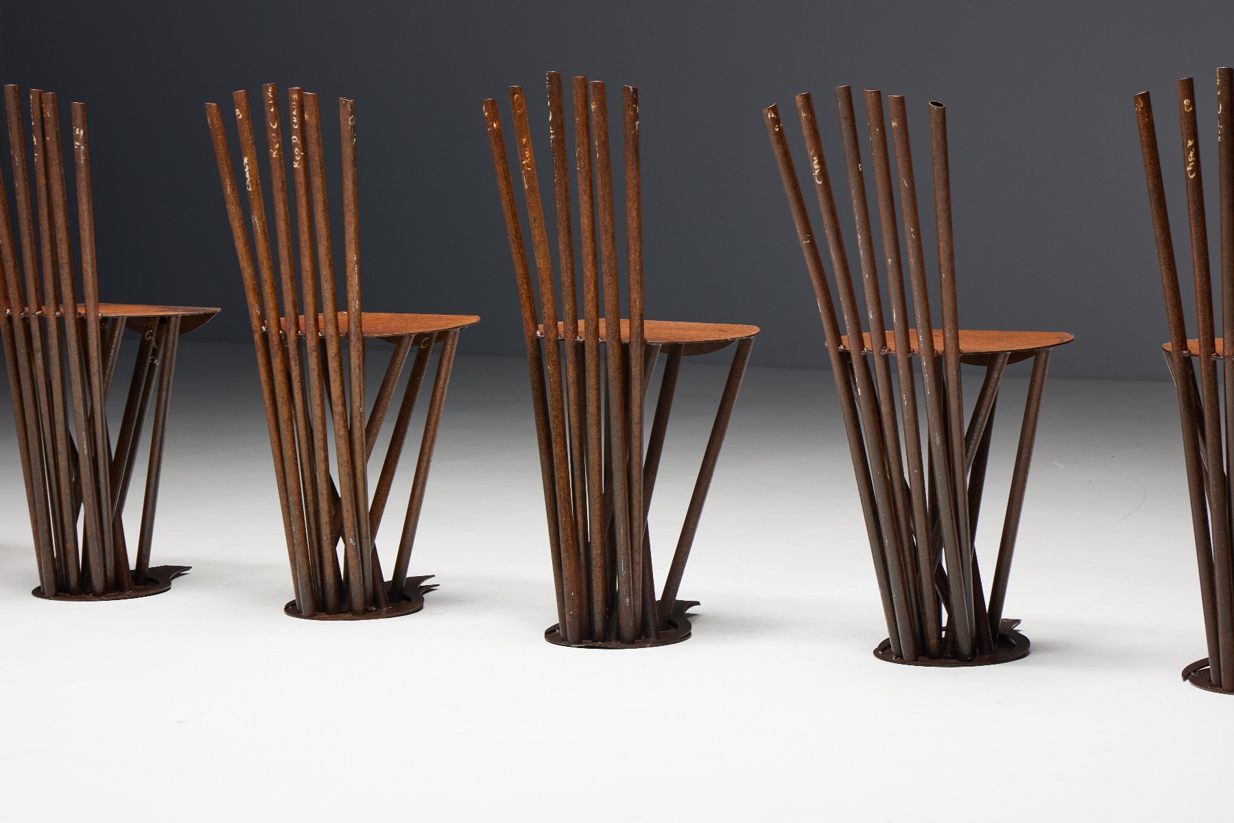 Timeworn industrial wood chairs