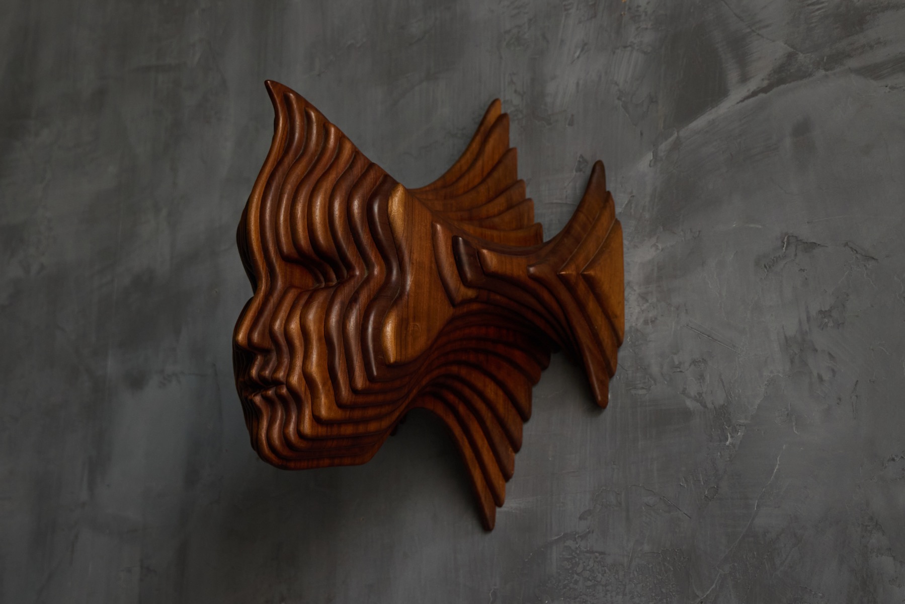 Vintage French carved wood mask wall panel from the 1970s