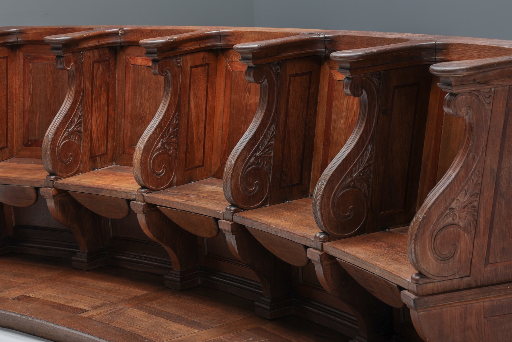Antique Belgian oak church benches from the eighteenth century
