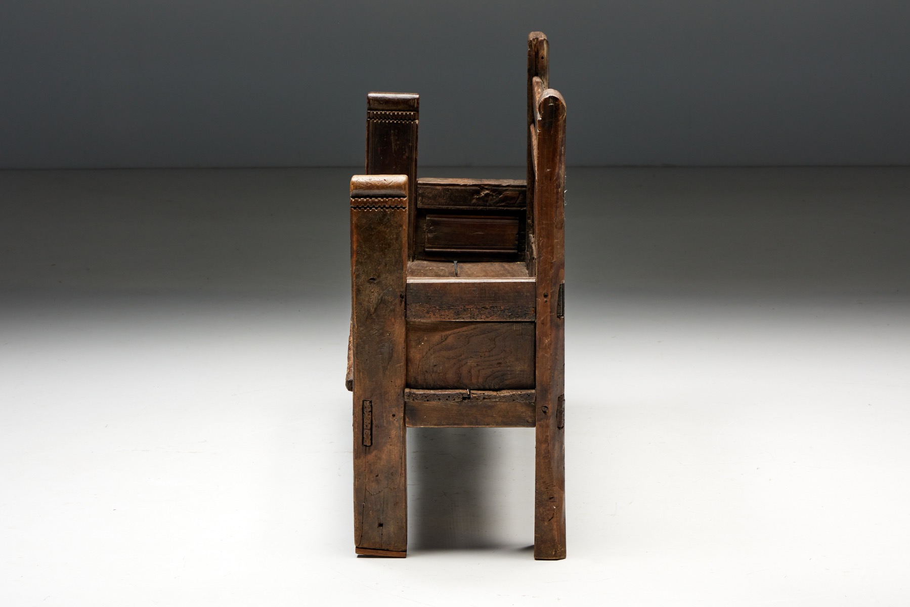 Antique rural Spanish bench in folk art wood