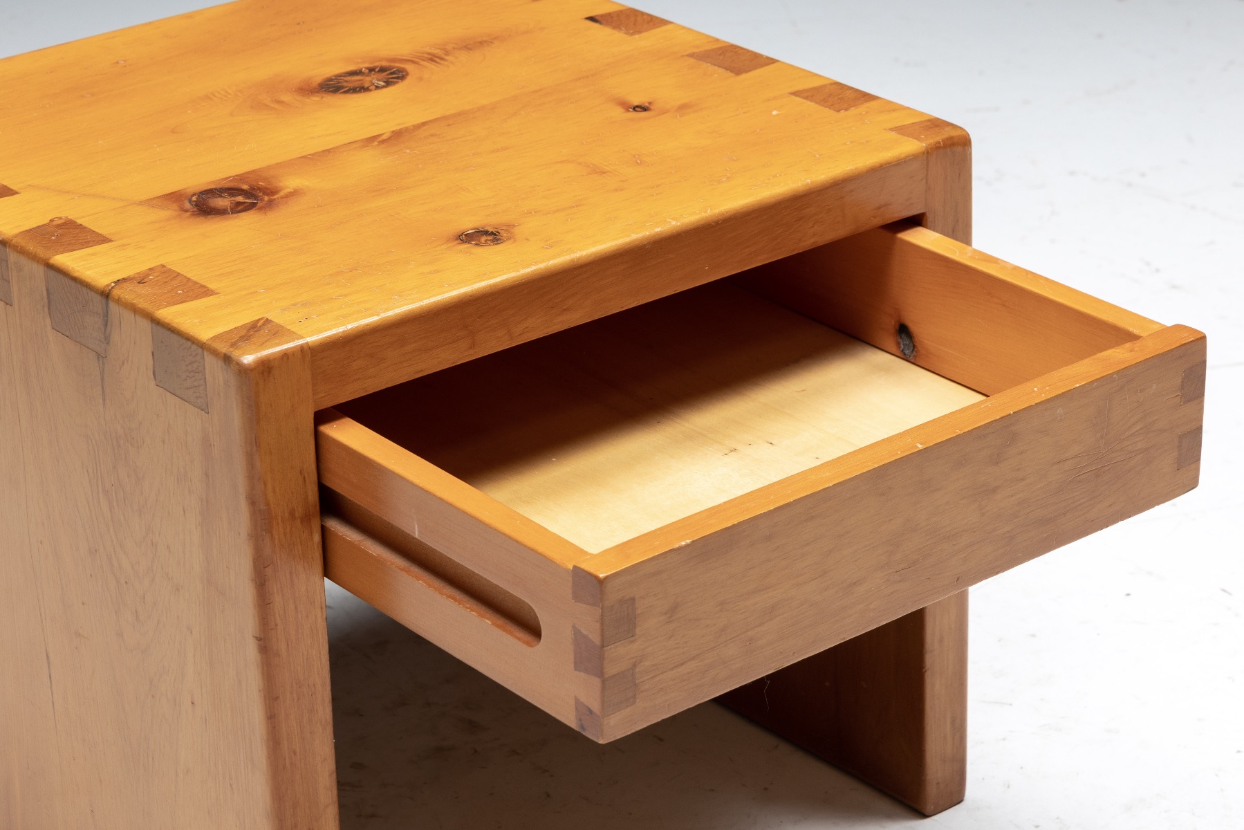 Architectural pine bedside table design from the 1960s