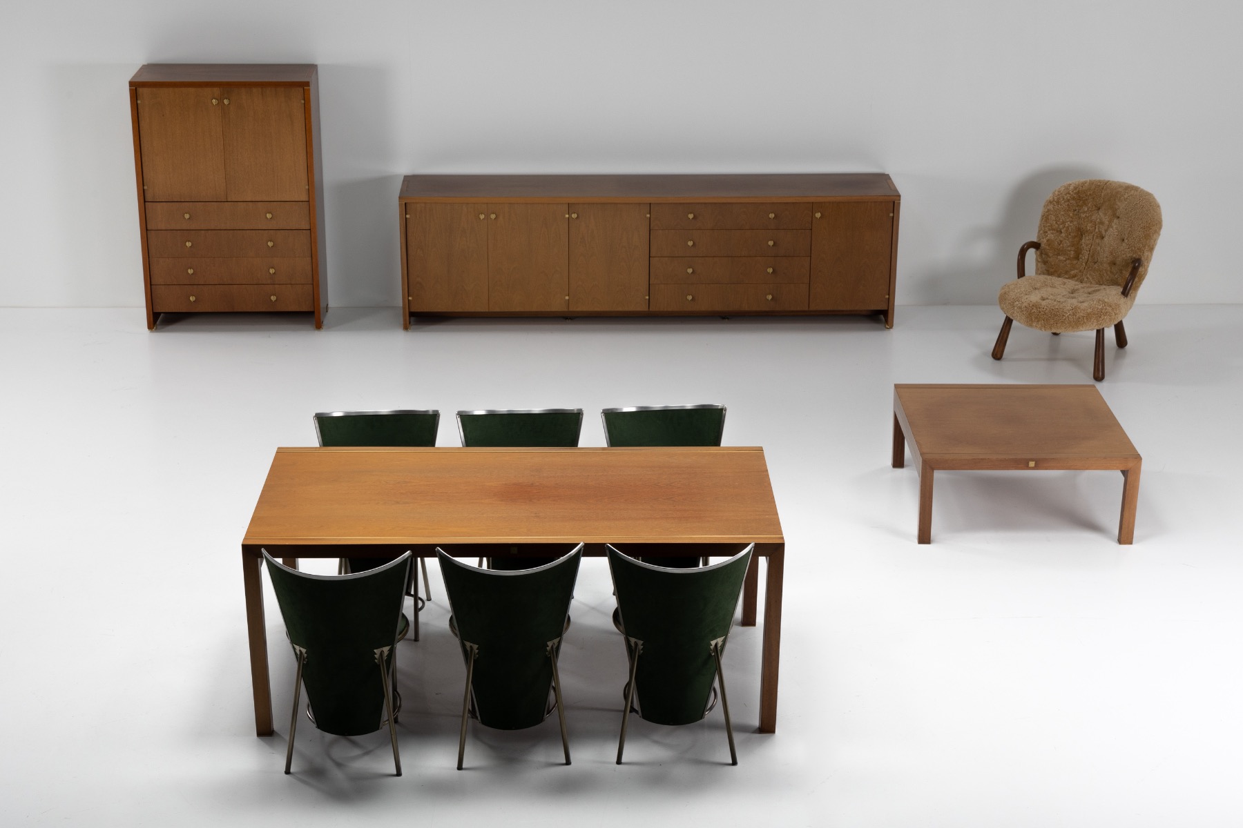 Architectural walnut and brass coffee table by Pierre Balmain