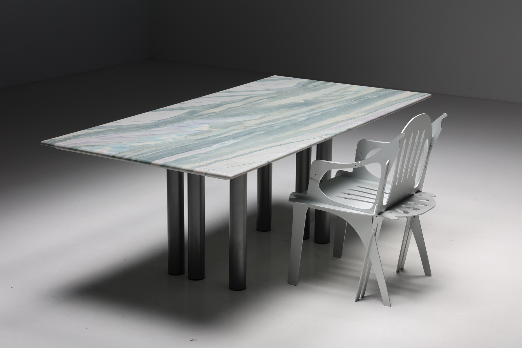 Architectural marble dining table in grey and purple design