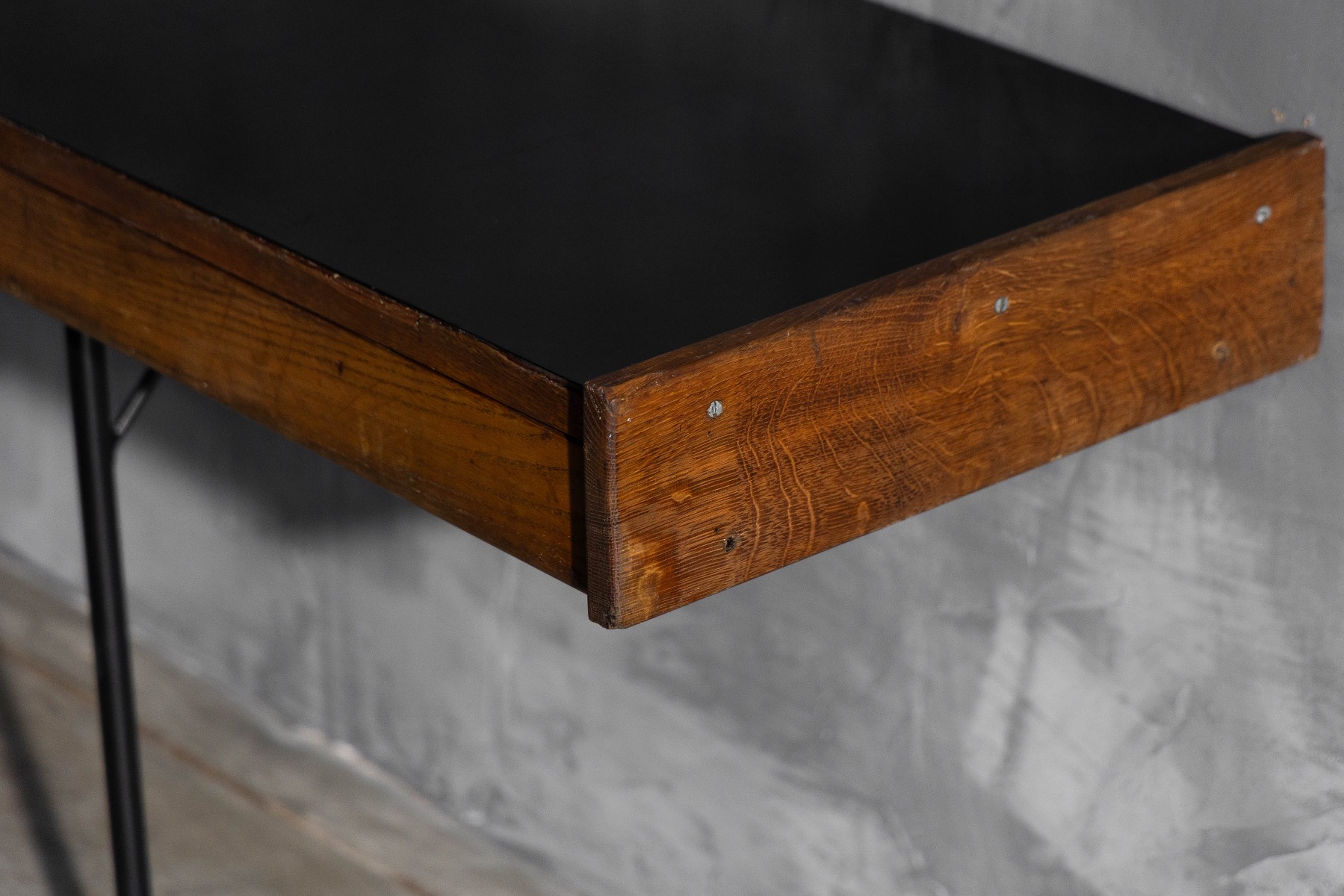 Architectural modernist wall console with contrasting wood and black top 
