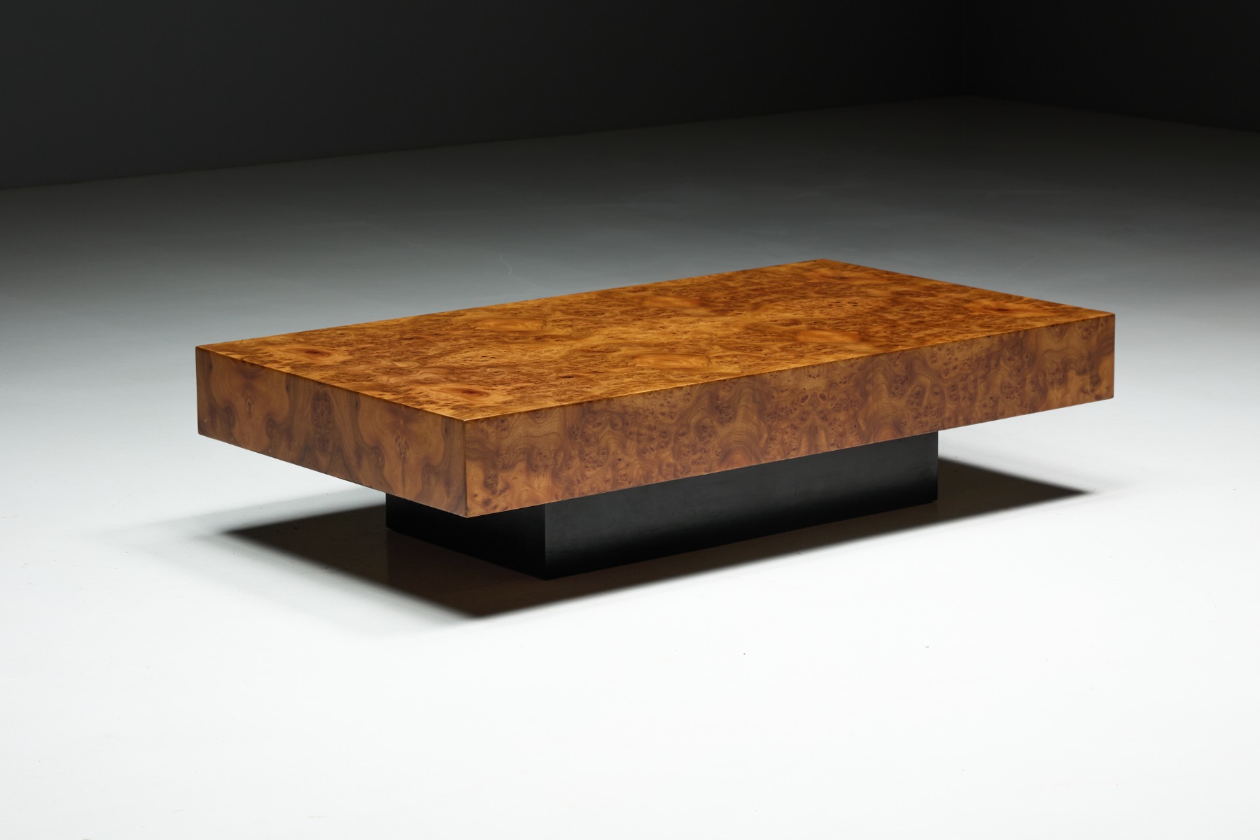 Burlwood veneered coffee table inspired by Willy Rizzo aesthetics