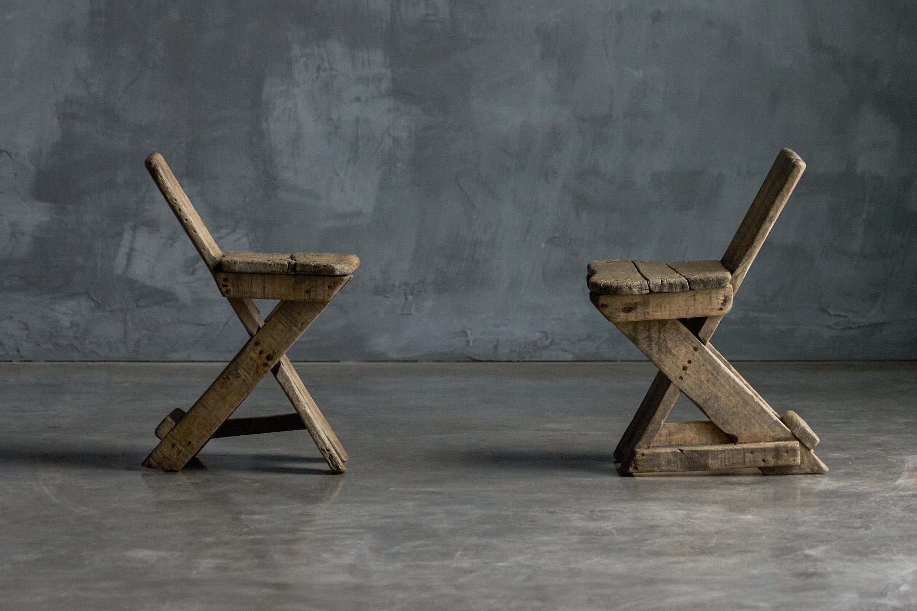 Solid wood primitive chairs with aged patina