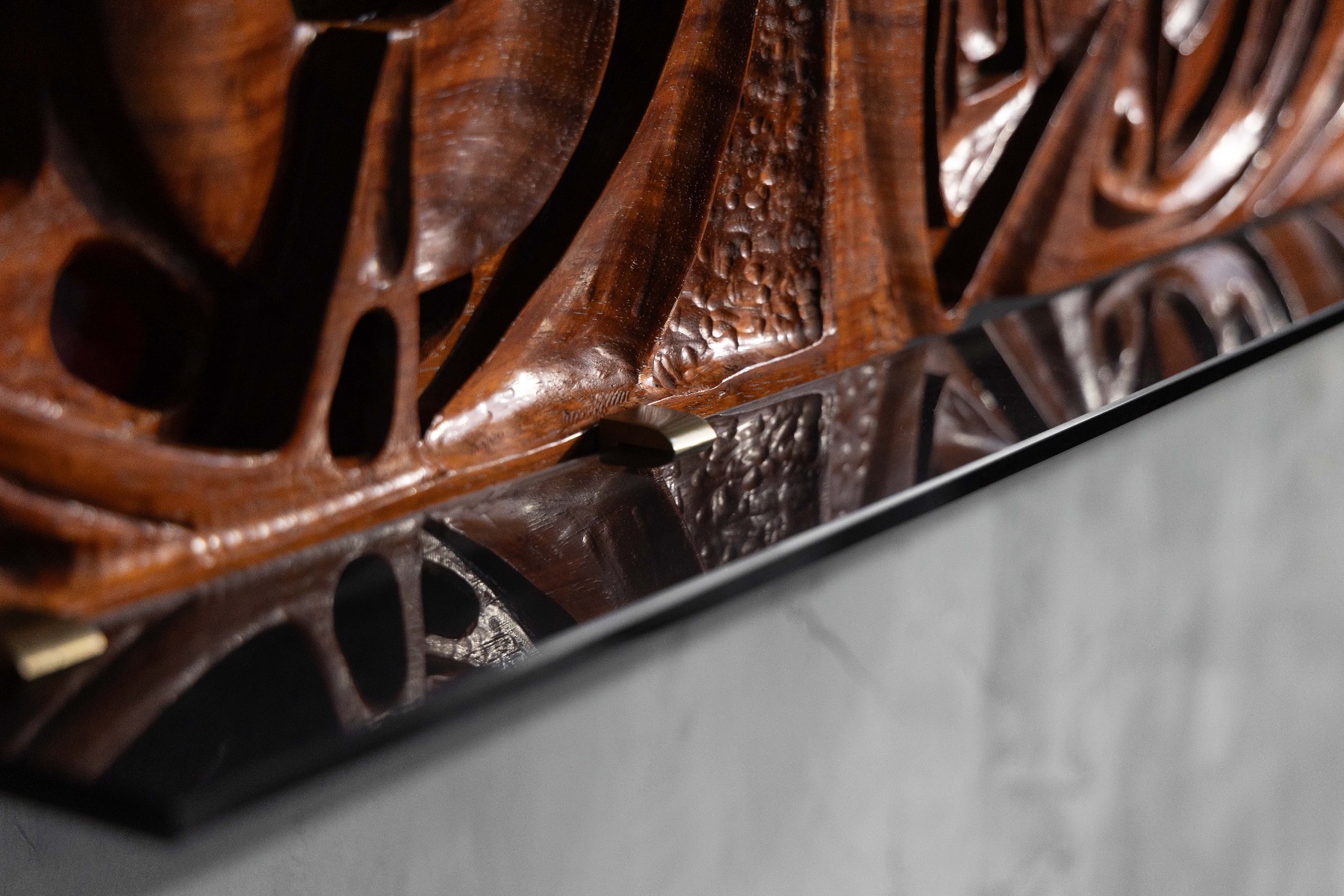 Abstract geometric wood wall panel carved by Gianni Pinna in the 1970s
