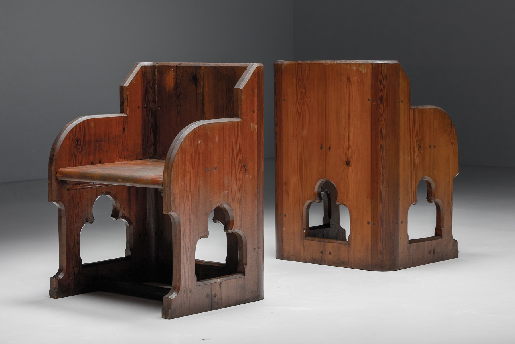 Handcrafted gothic revival armchairs in solid wood