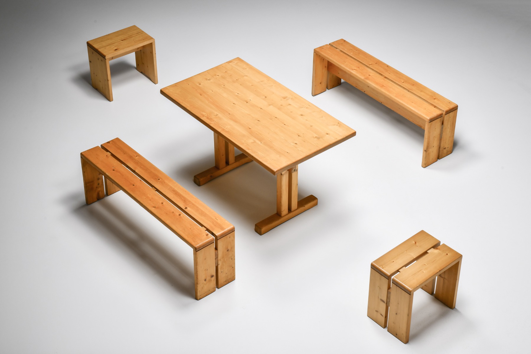Iconic Les Arcs two seat bench set by Charlotte Perriand from the 1960s