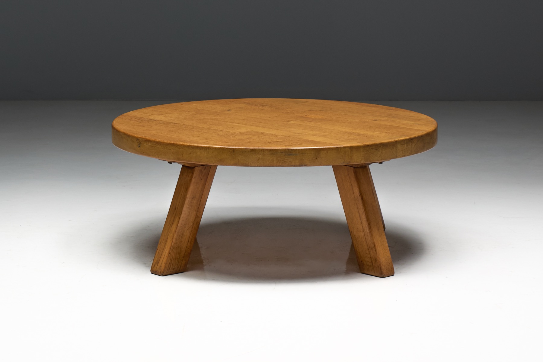 Mid century brutalist round coffee table in solid wood