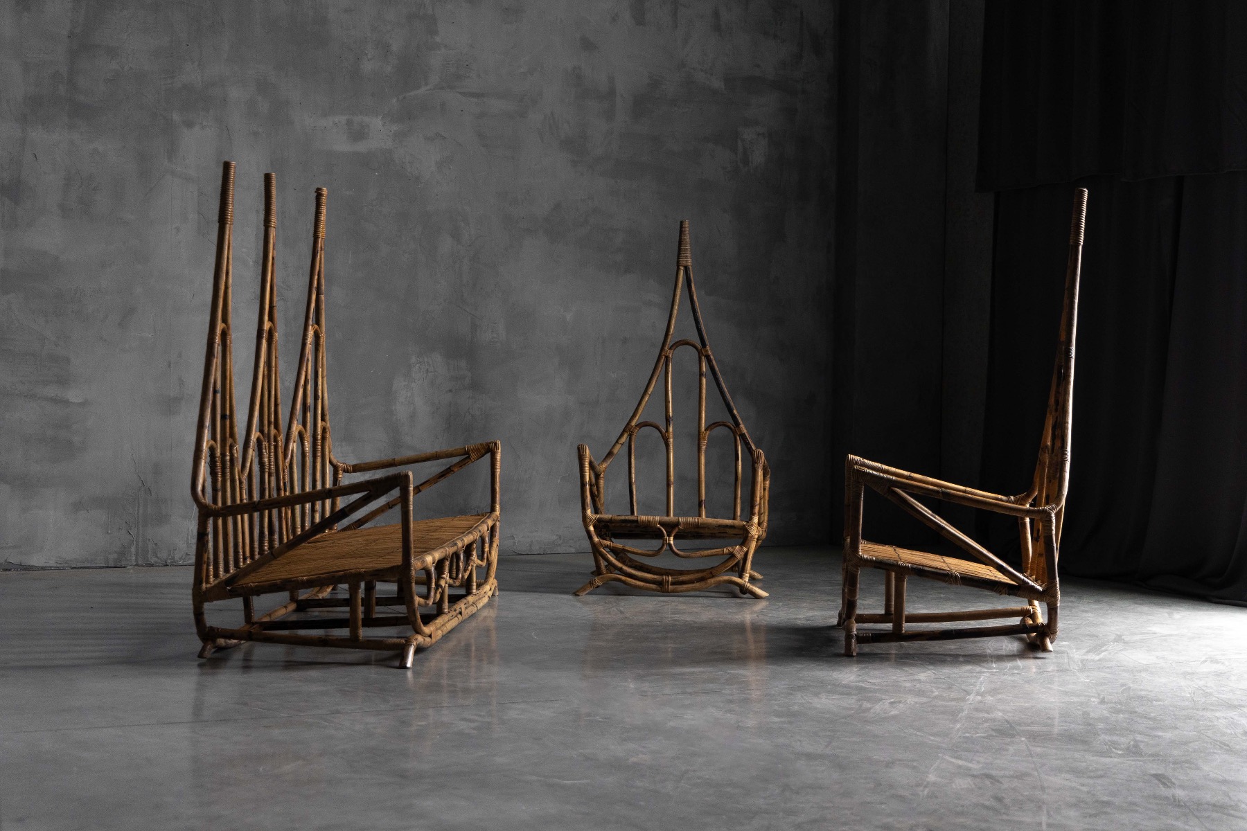 Natural bamboo bench shaped in organic form
