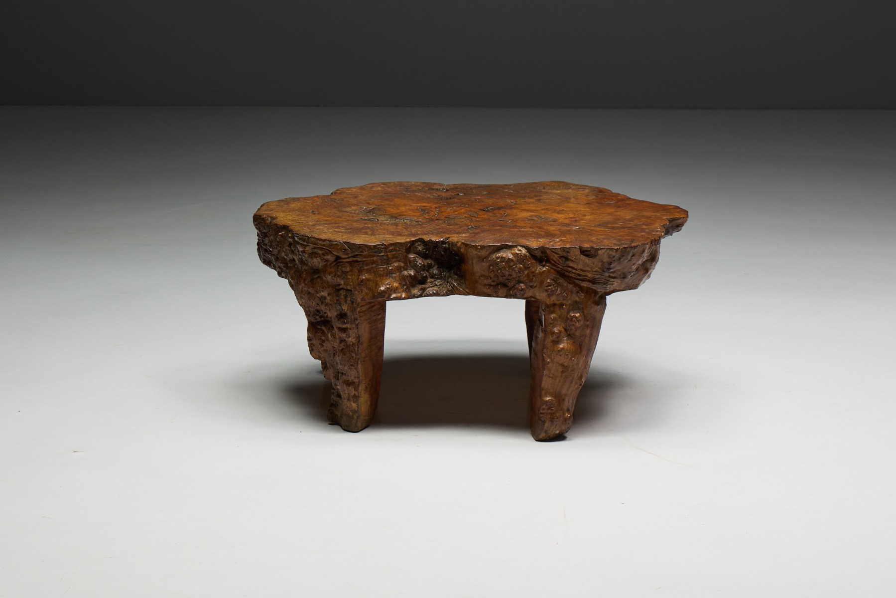 Natural burl wood coffee table with rich earthy tones and sculptural presence 