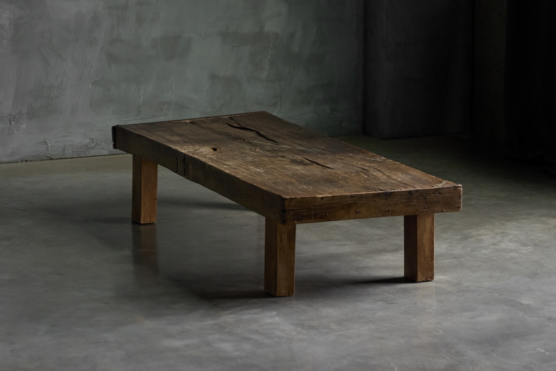 Rural low farmhouse coffee table with honest wear