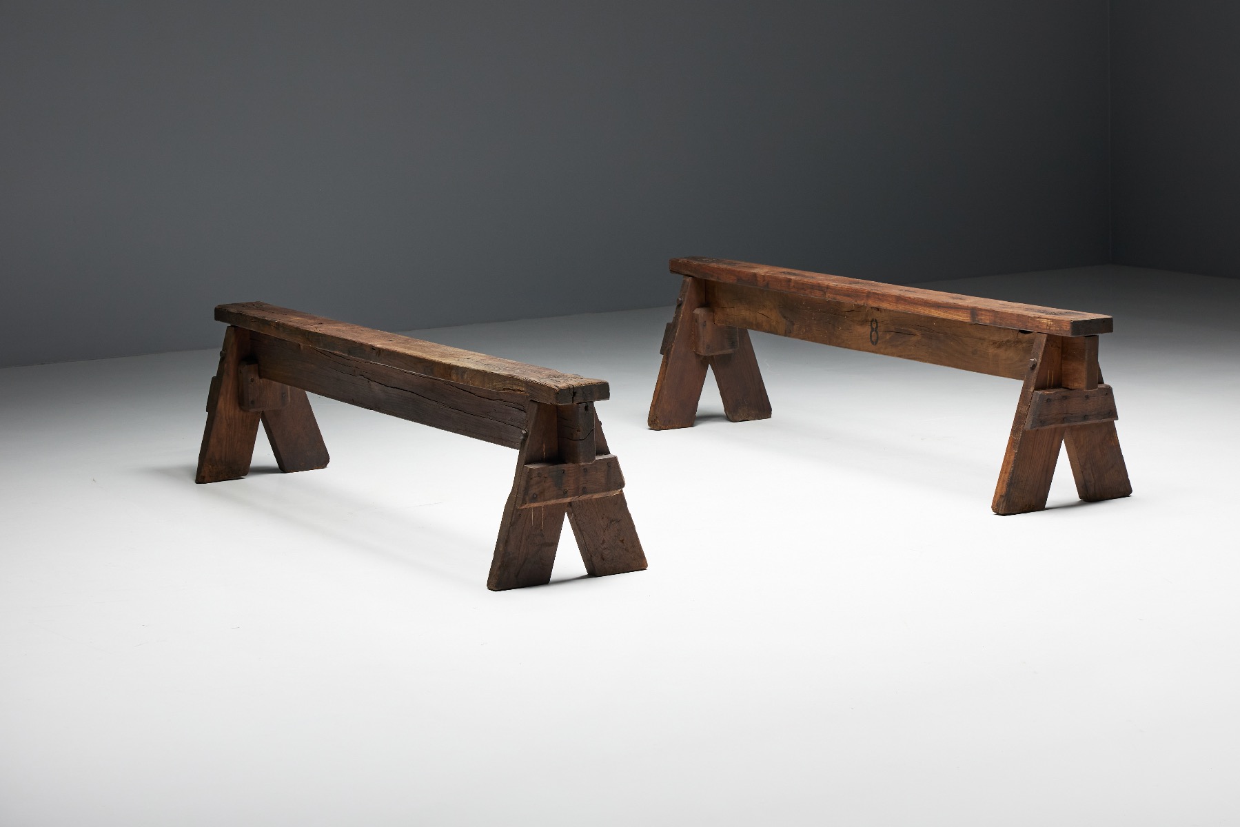 Rustic antique folk benches 1800s