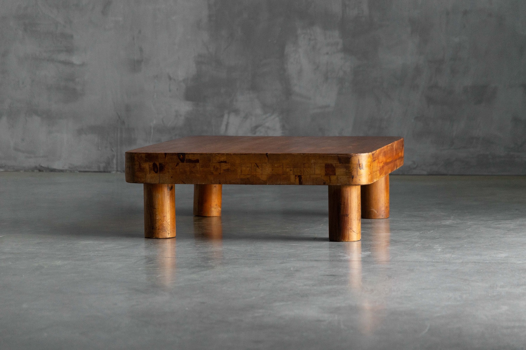 Rustic brutalist pine low table dating to the 1960s