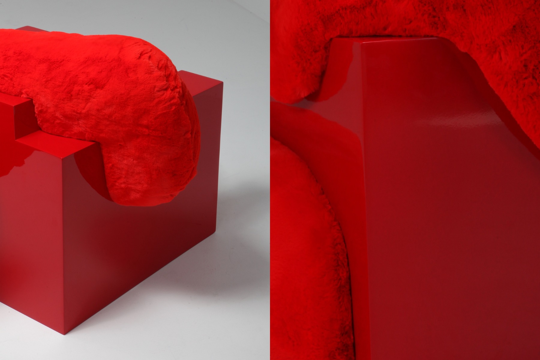 Statement pillow lounge chair in red lacquer and faux fur from 2019