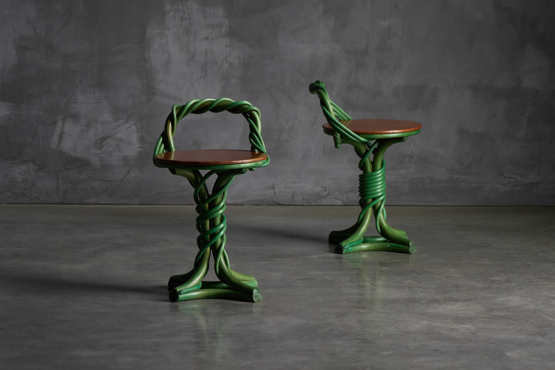 Whimsical stool formed from twisting vine structure