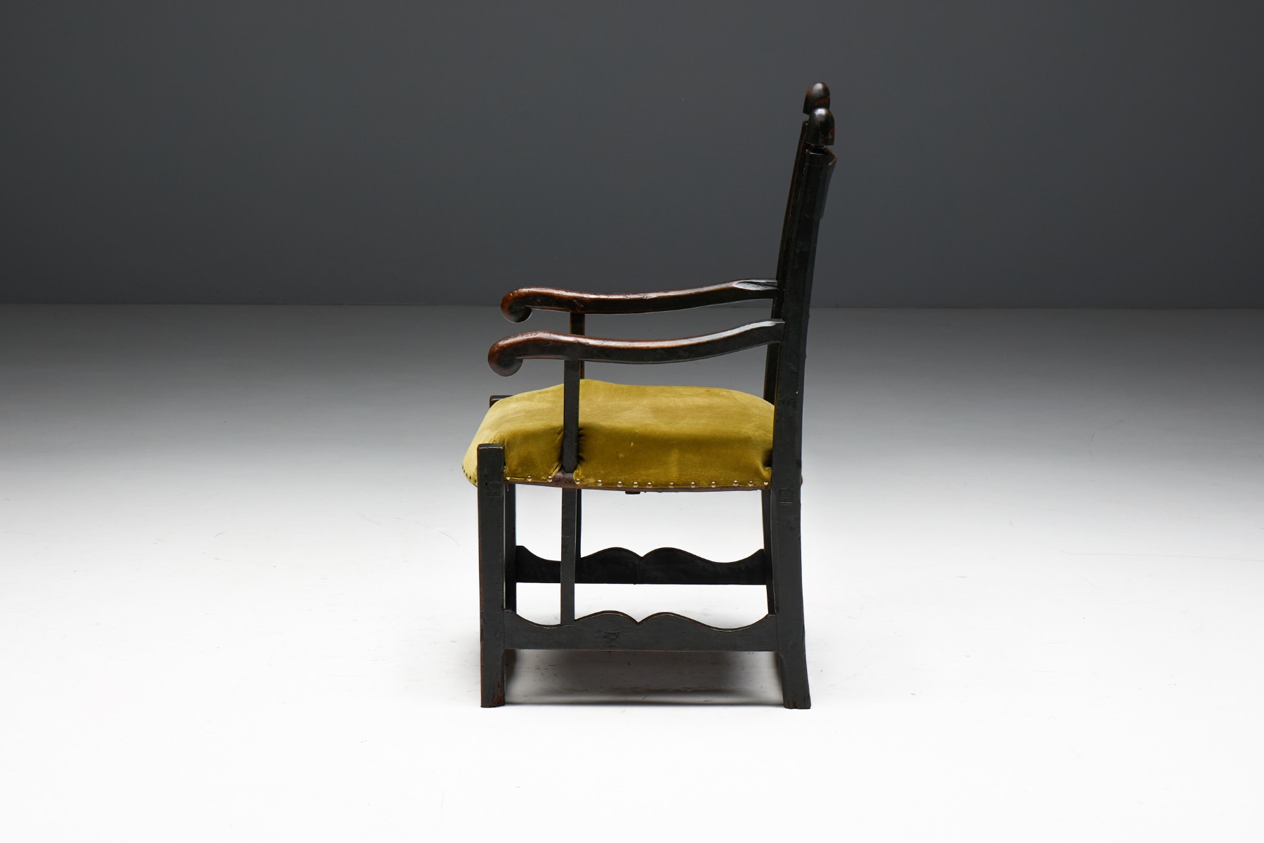 Aged wood folk art armchair with authentic wear