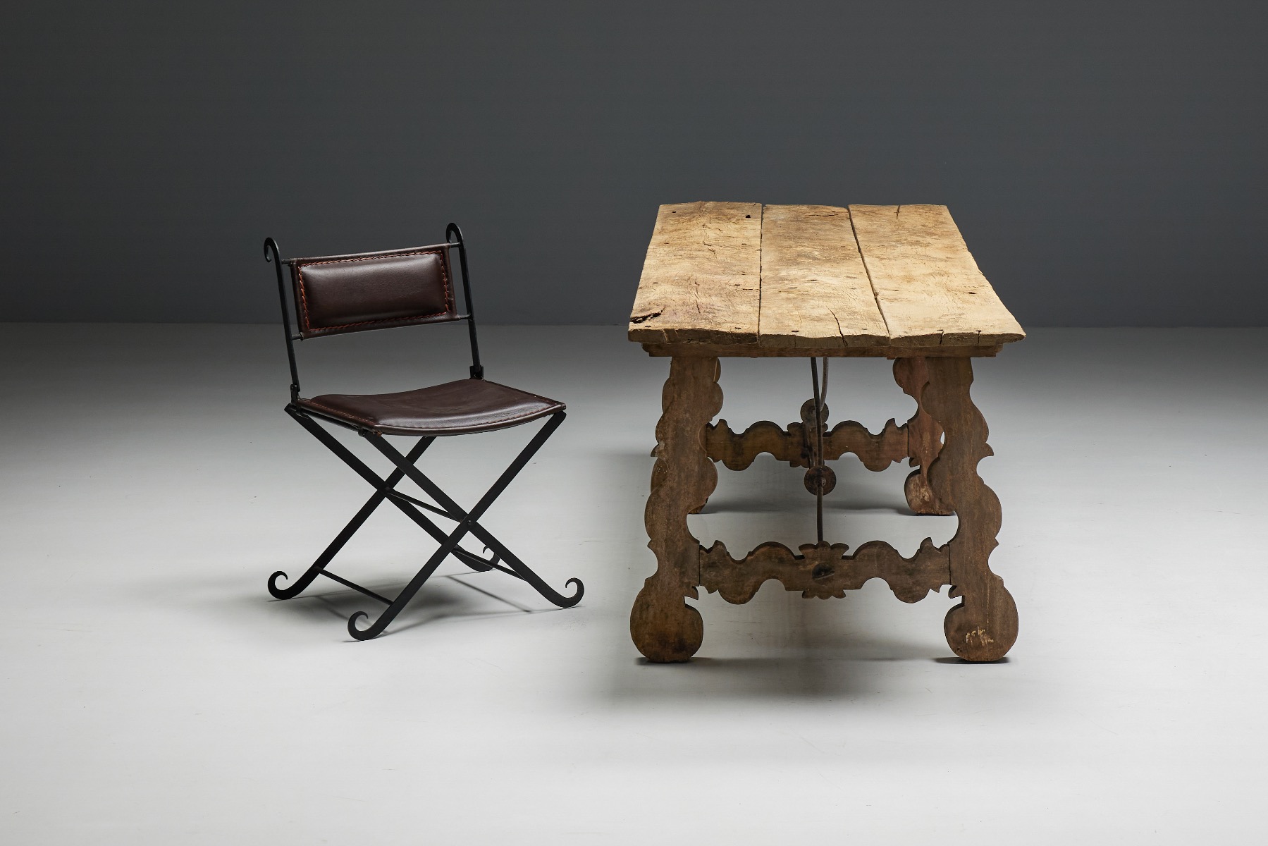 Aged wood primitive trestle table