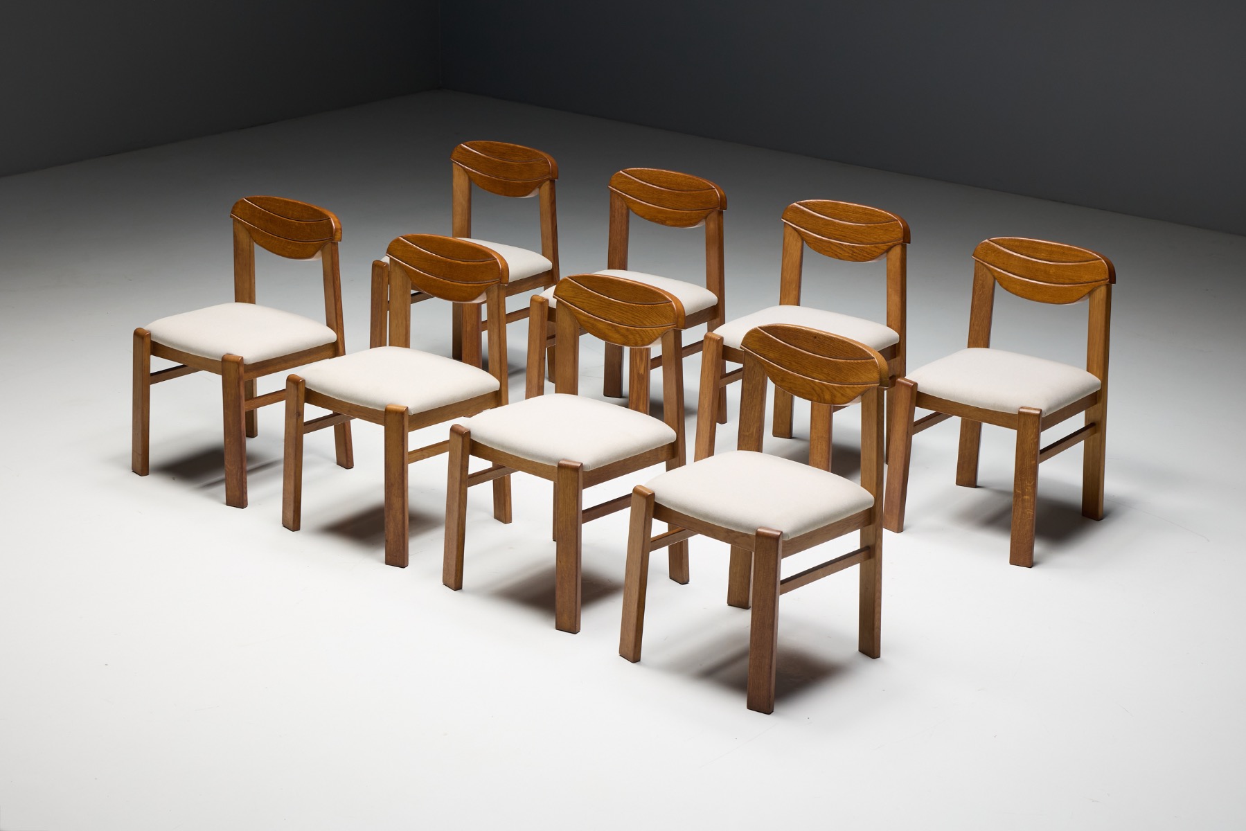 Brutalist oak dining chairs with rustic patina