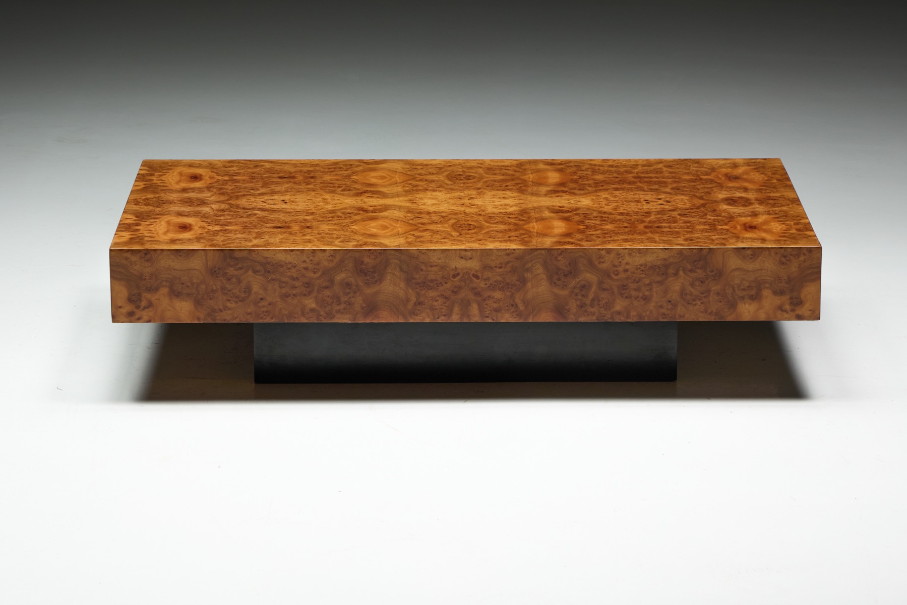 Geometric burlwood coffee table in glamorous 1970s style