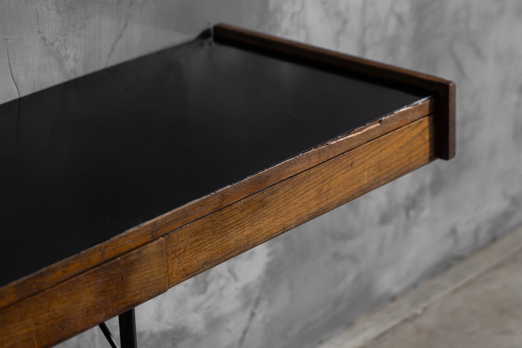 Modern console with solid wood frame and black Formica work surface