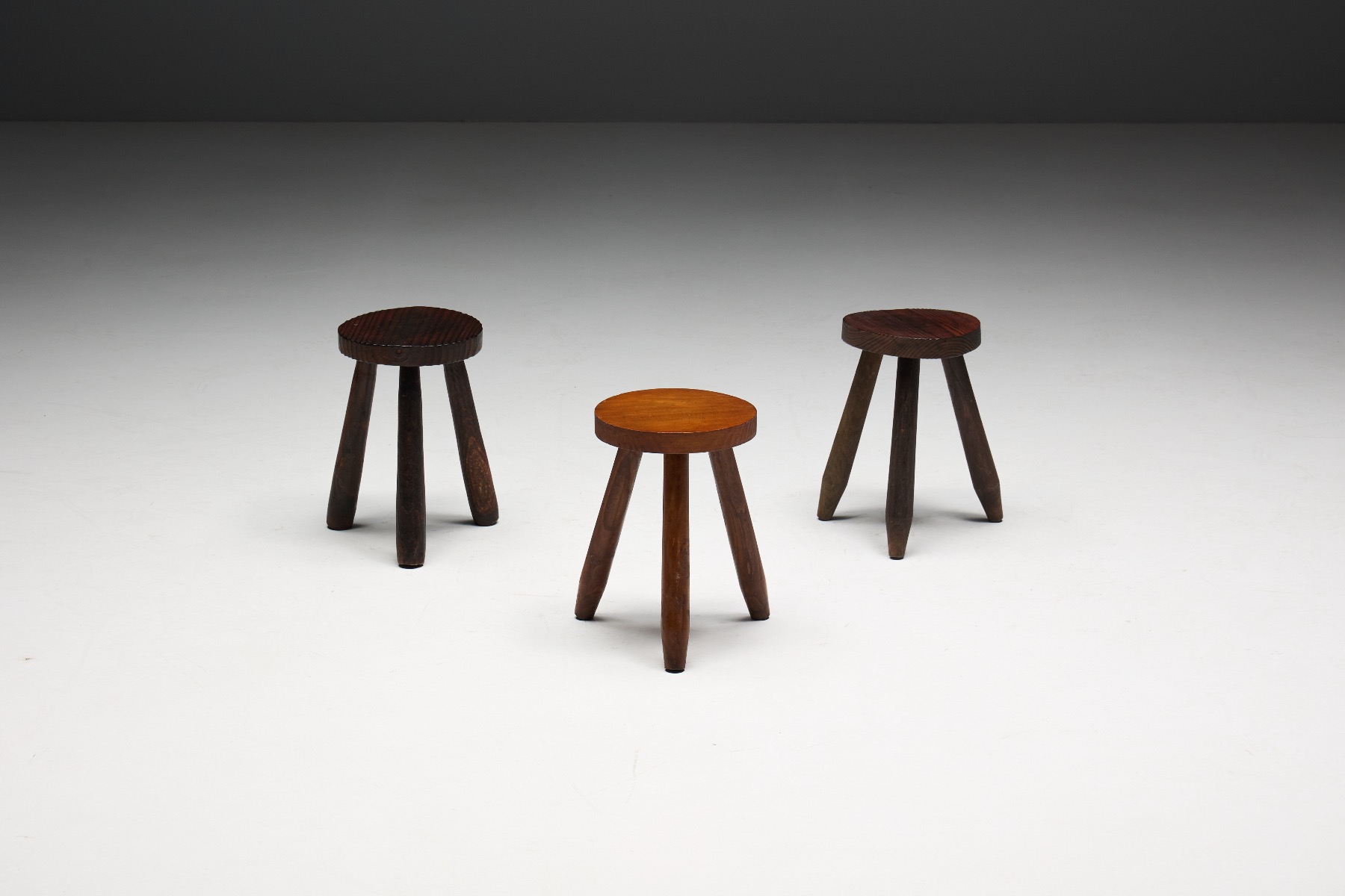 Museum level brutalist tripod stools from the mid 20th century