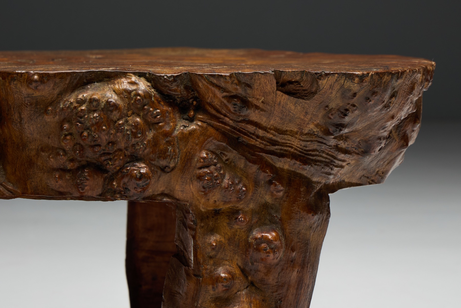 Rustic organic burl wood coffee table from the mid twentieth century