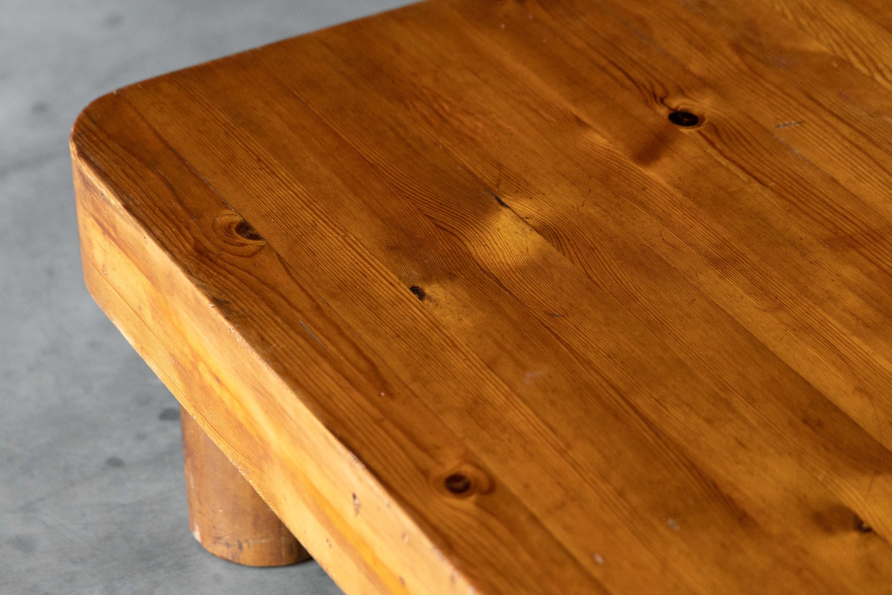 Sculptural brutalist low coffee table in solid pine