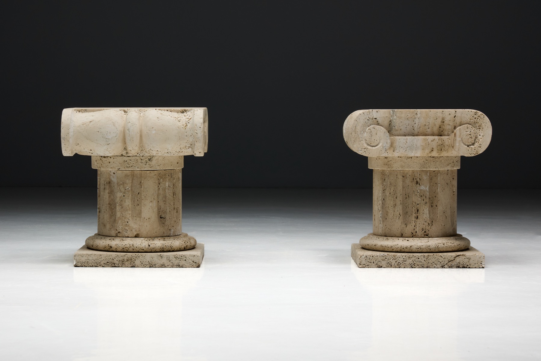 Architectural travertine side table inspired by ancient Greek motifs