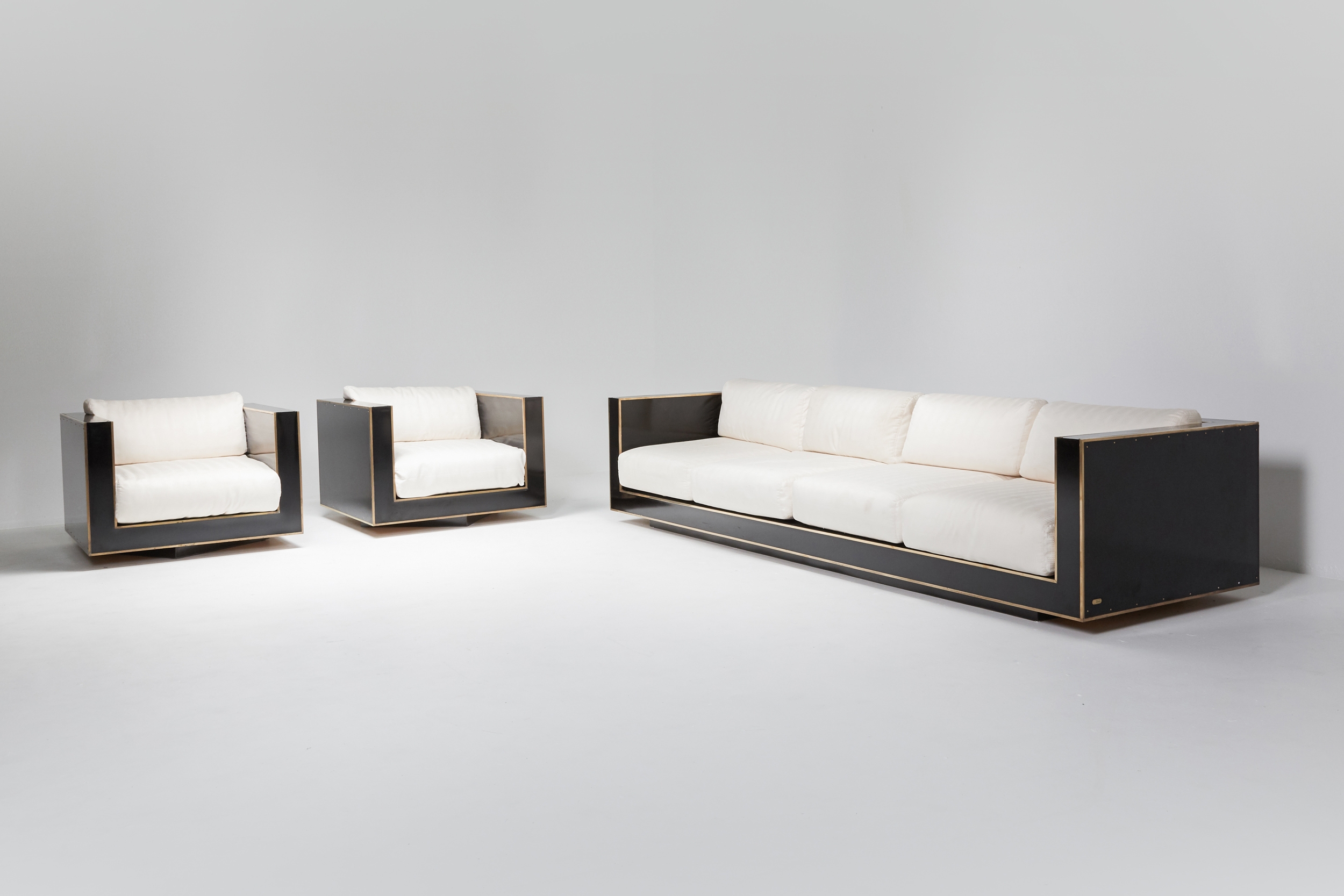Maison Jansen Pair of Cubic Lounge Chairs in Black and Brass Hollywood Regency - 1970's