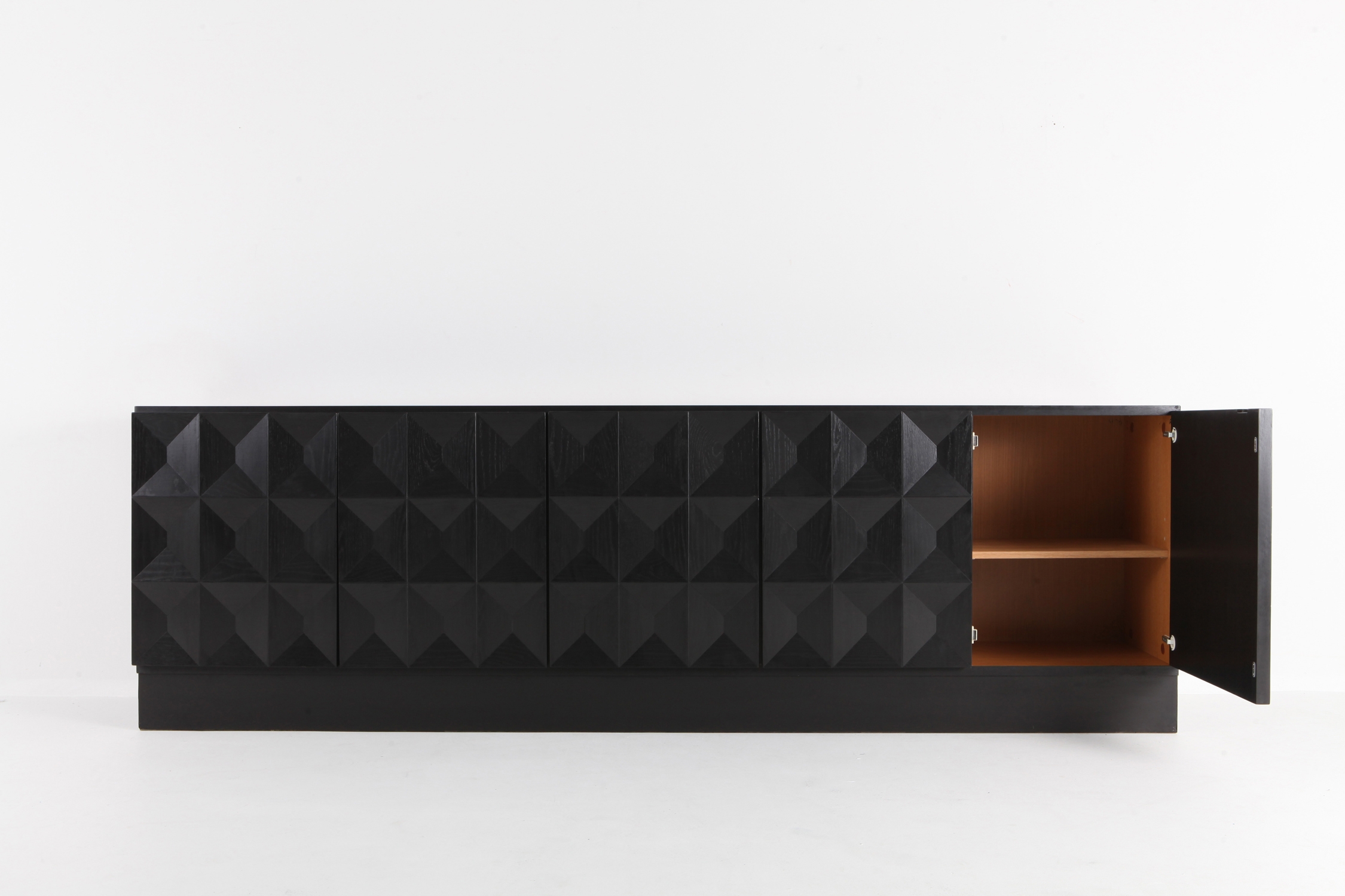 Brutalist Credenza in Stained Oak with Geometric Diamond Doors - 1970s
