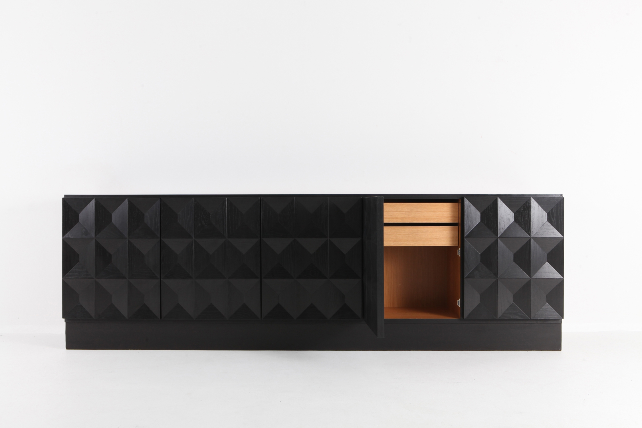 Brutalist Credenza in Stained Oak with Geometric Diamond Doors - 1970s