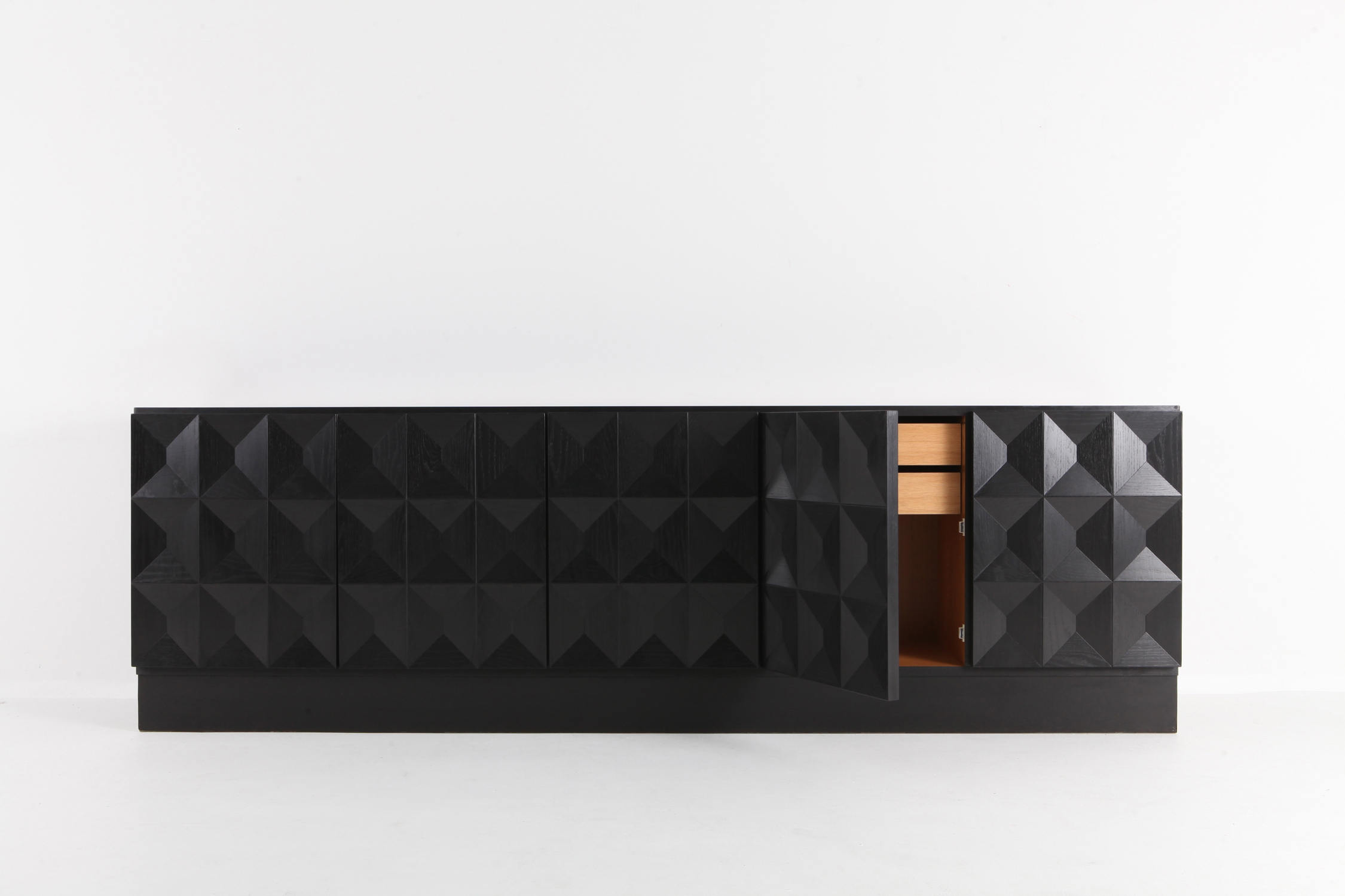 Brutalist Credenza in Stained Oak with Geometric Diamond Doors - 1970s