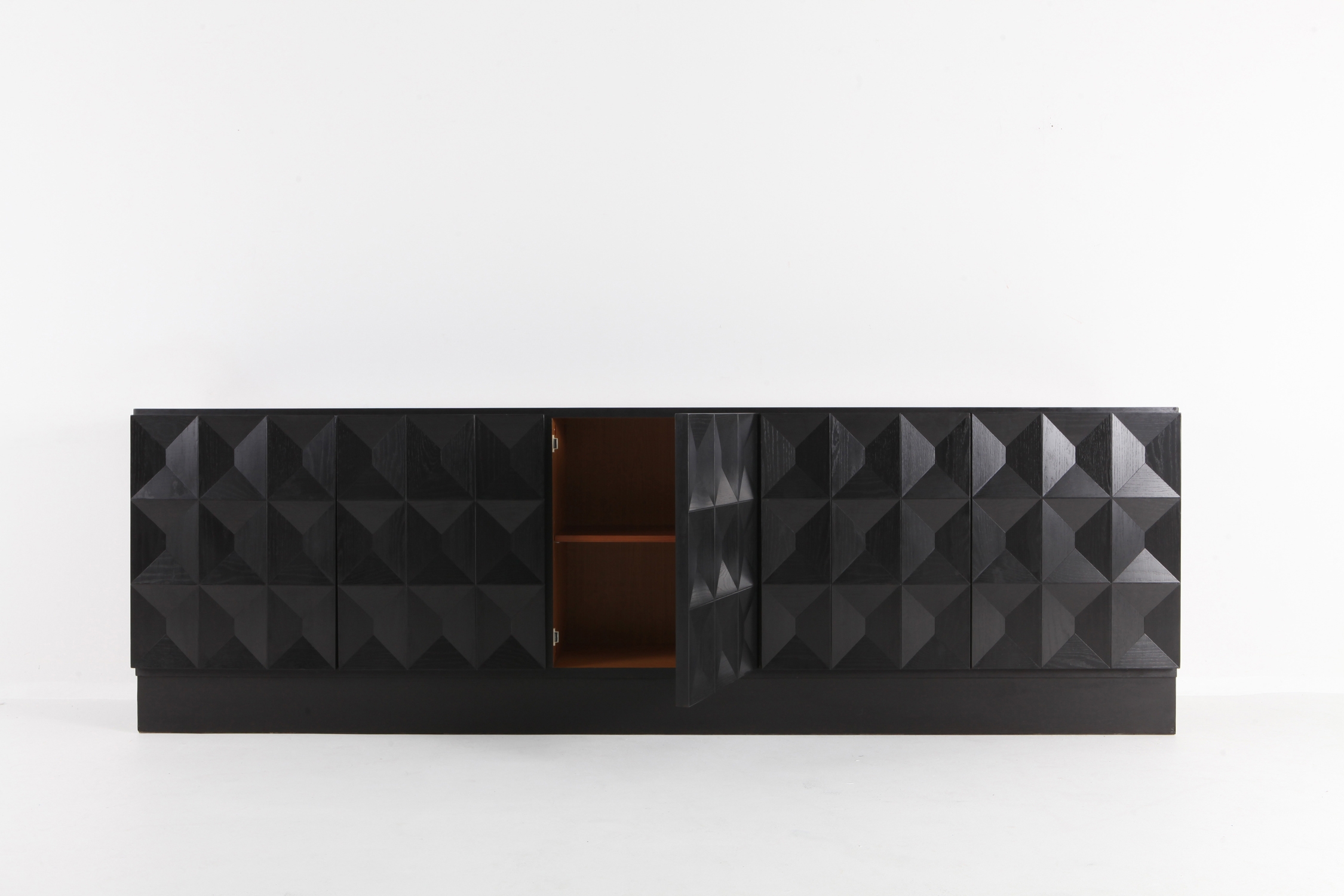 Brutalist Credenza in Stained Oak with Geometric Diamond Doors - 1970s