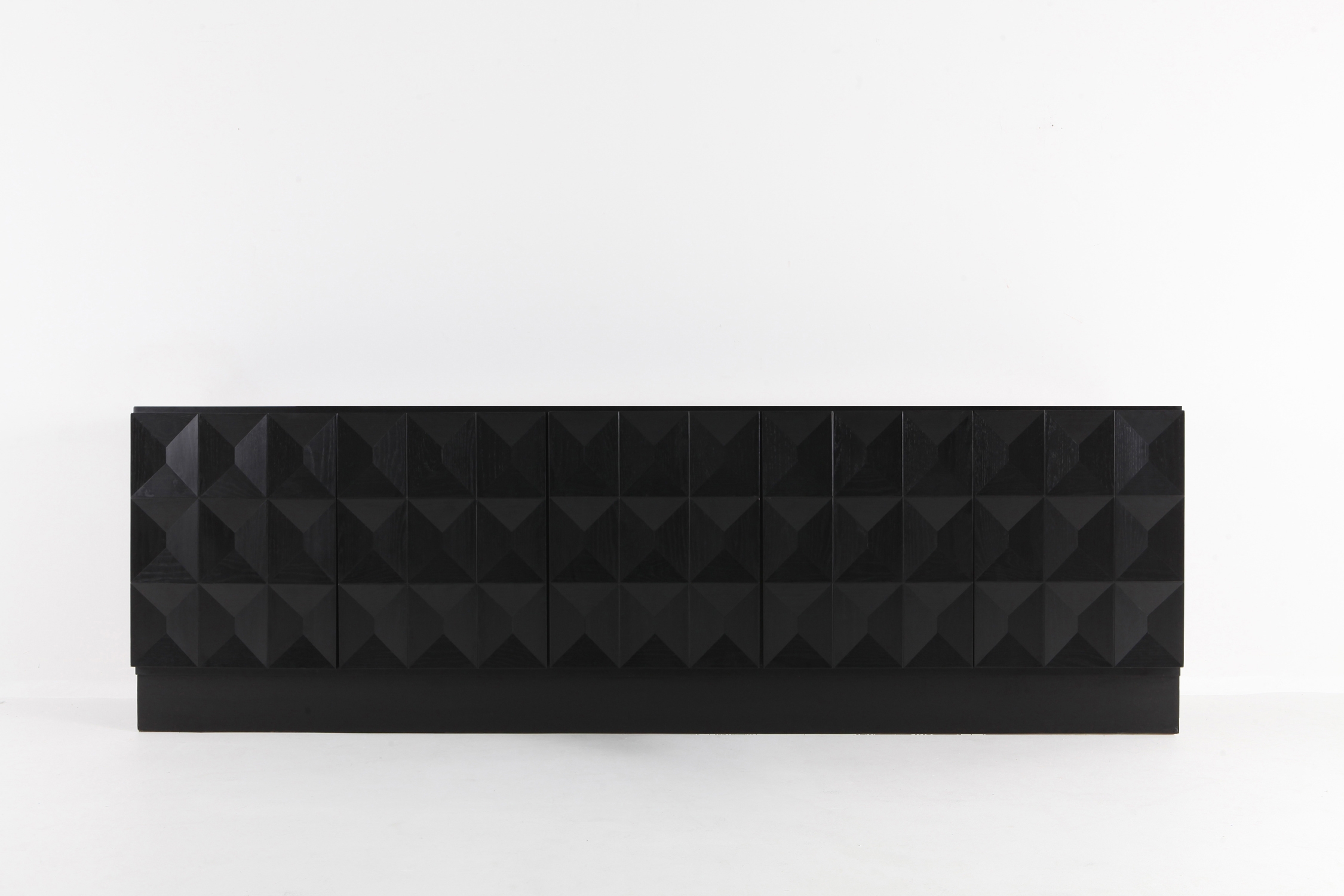 Brutalist Credenza in Stained Oak with Geometric Diamond Doors - 1970s