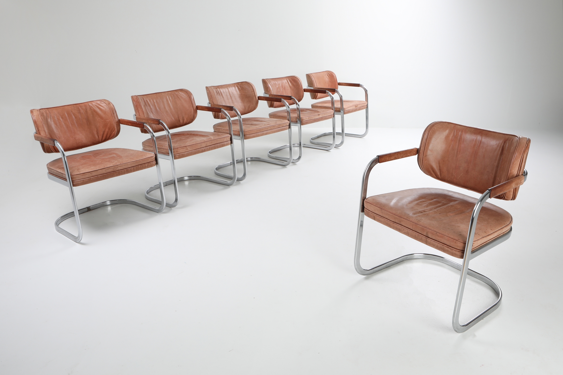 Cognac Leather Armchairs Set of 6 by Knoll - 1970s