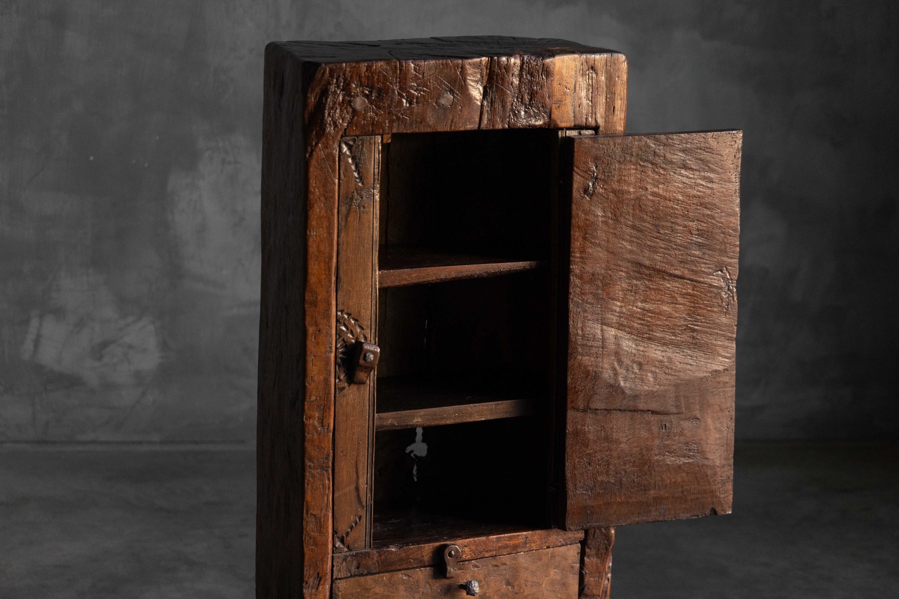 Antique Hand-Carved Rustic Wood Cabinet, Italy - 19th Century