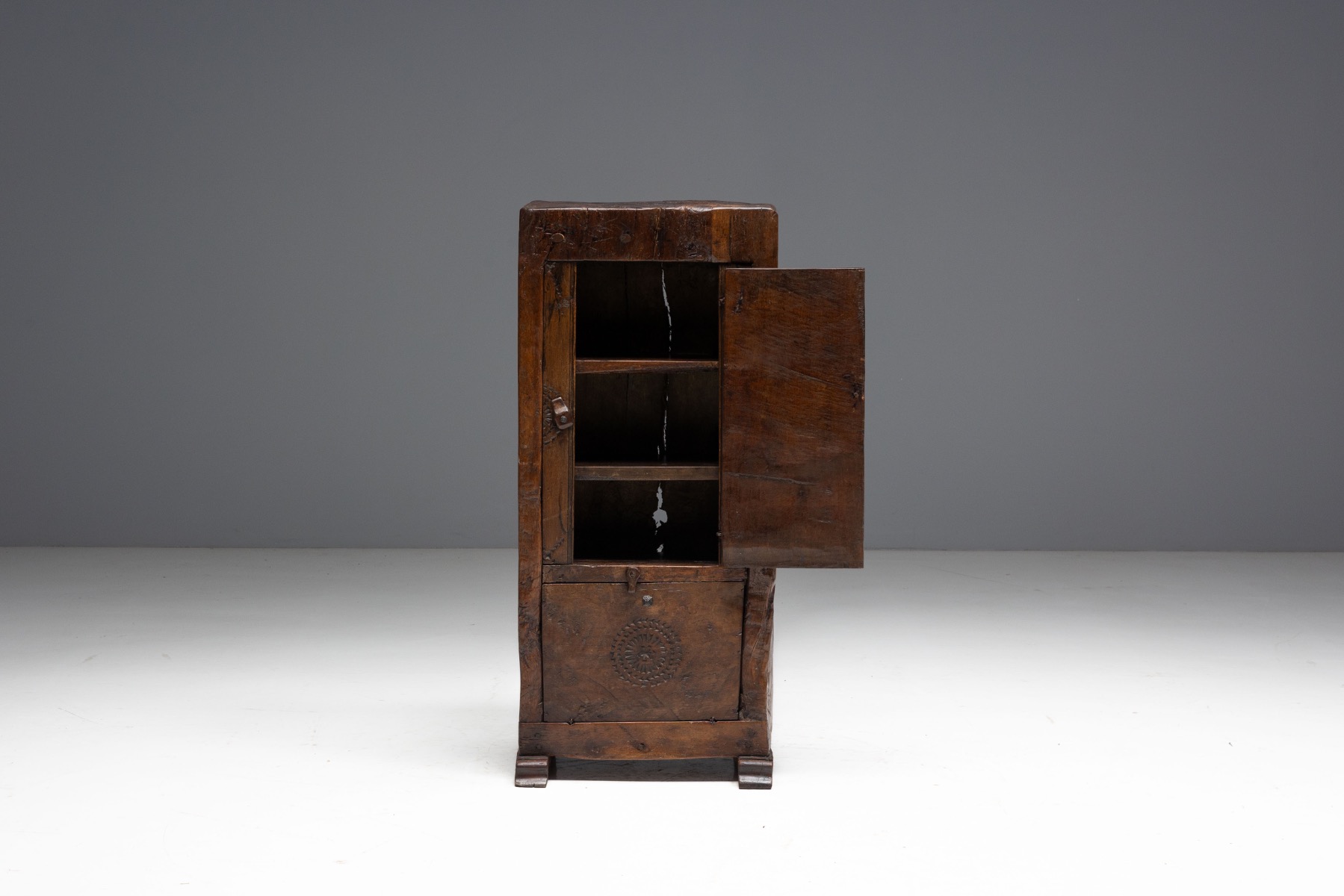 Antique Hand-Carved Rustic Wood Cabinet, Italy - 19th Century
